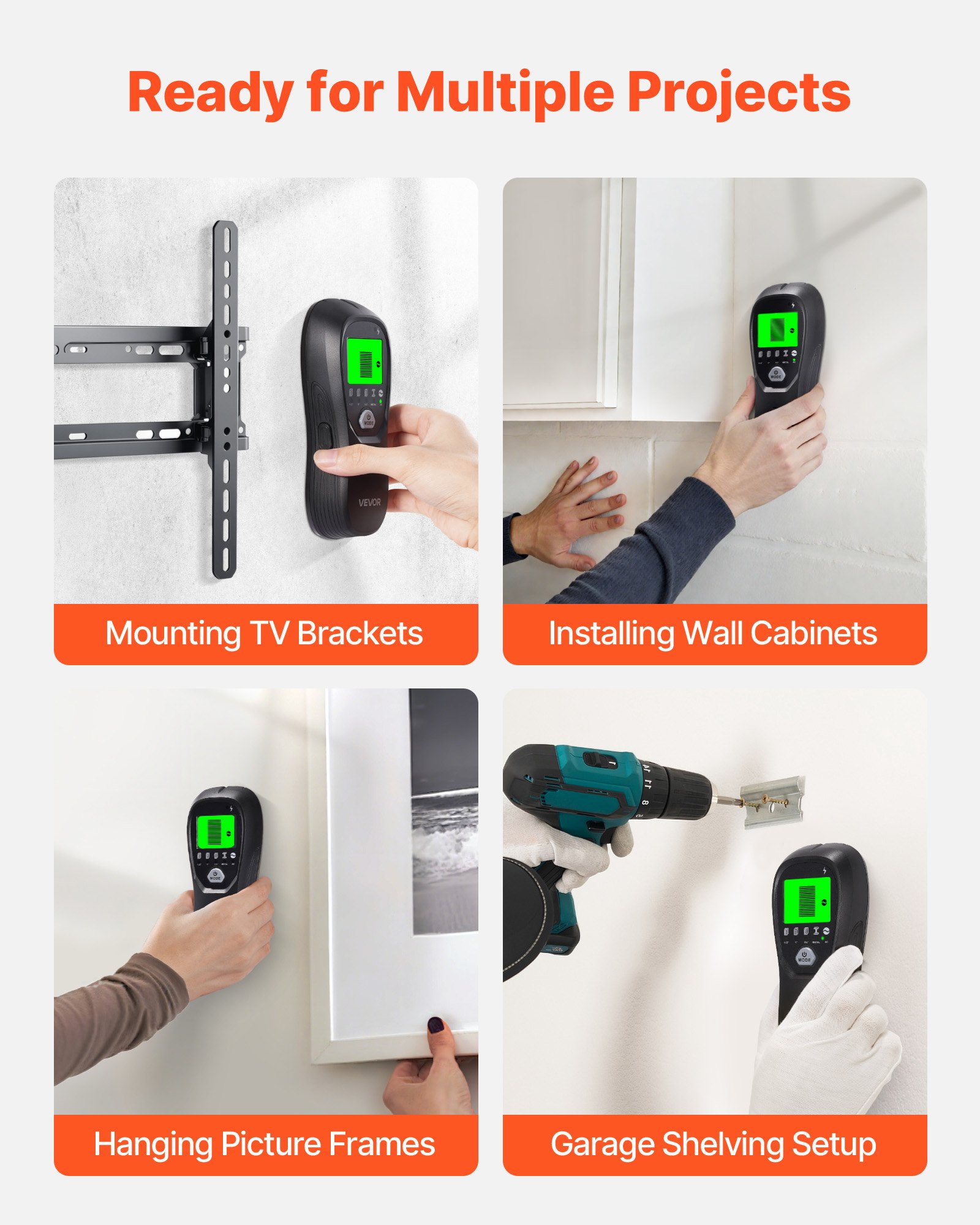 VEVOR Detector Electrónico de Vigas de Pared 5 en 1, con Sensor Inteligente, Pantalla LCD de Alta Definición y Alarma Sonora, Vigas Metálicas y Cables Eléctricos, Color Negro, 170 x 72 x 37 mm