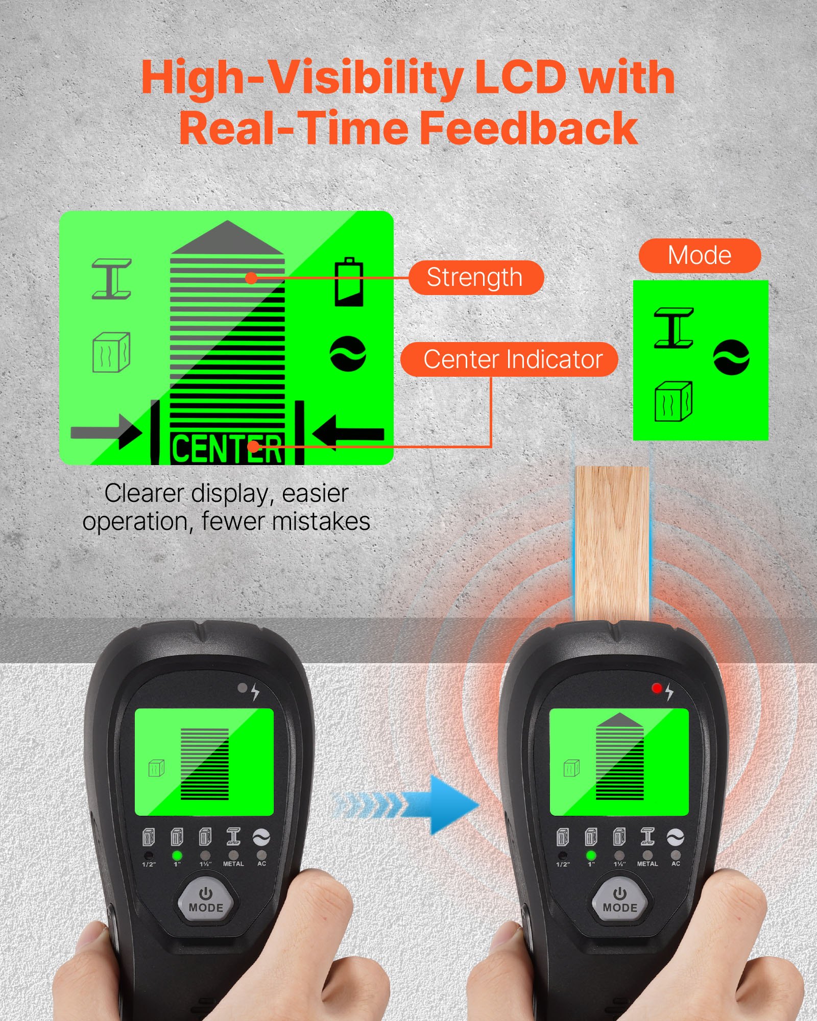 VEVOR Detector Electrónico de Vigas de Pared 5 en 1, con Sensor Inteligente, Pantalla LCD de Alta Definición y Alarma Sonora, Vigas Metálicas y Cables Eléctricos, Color Negro, 170 x 72 x 37 mm