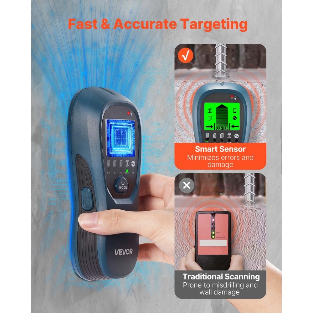 VEVOR Detector de Vigas Electrónico de Pared 5 en 1, con Sensor Inteligente, Pantalla LCD de Alta Definición y Alarma Sonora, Vigas Metálicas y Cables Eléctricos, Color Azul, 170 x 72 x 37 mm