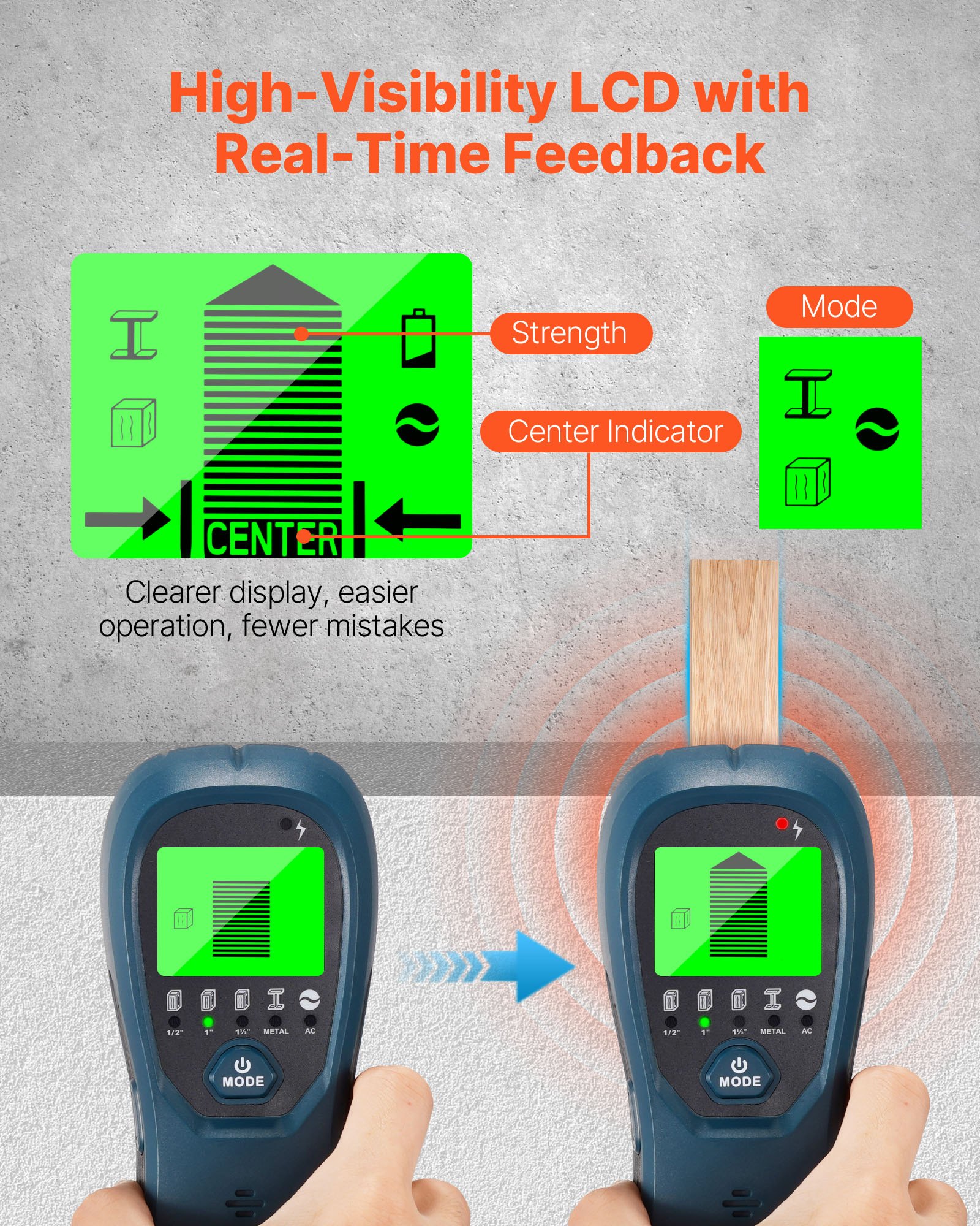 VEVOR Detector de Vigas Electrónico de Pared 5 en 1, con Sensor Inteligente, Pantalla LCD de Alta Definición y Alarma Sonora, Vigas Metálicas y Cables Eléctricos, Color Azul, 170 x 72 x 37 mm