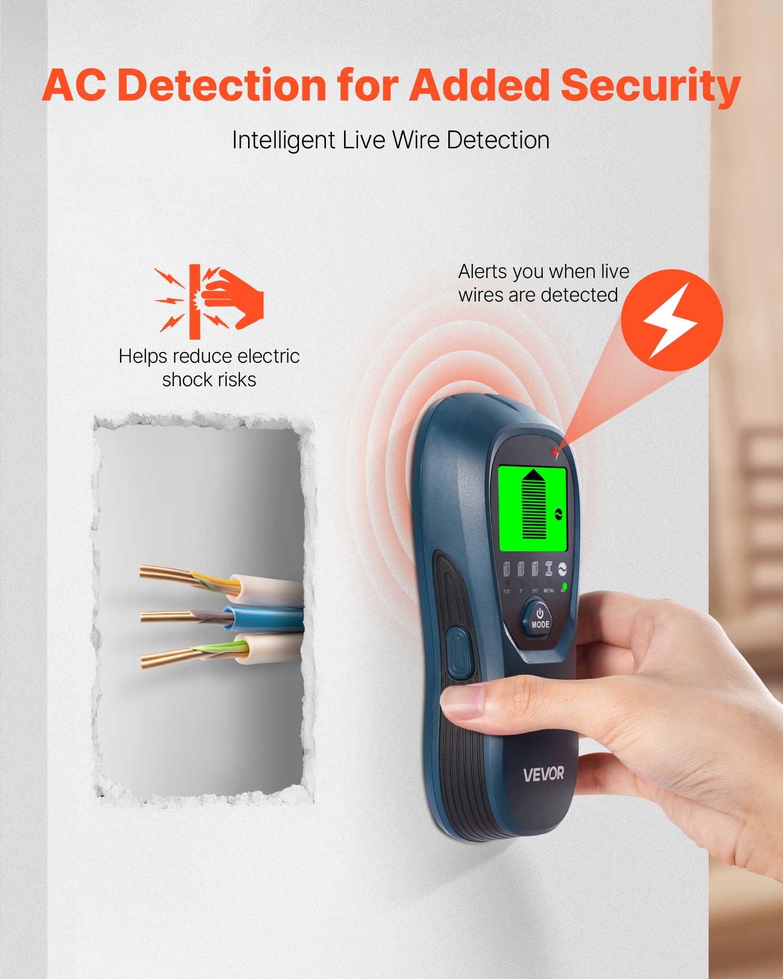 VEVOR Detector de Vigas Electrónico de Pared 5 en 1, con Sensor Inteligente, Pantalla LCD de Alta Definición y Alarma Sonora, Vigas Metálicas y Cables Eléctricos, Color Azul, 170 x 72 x 37 mm