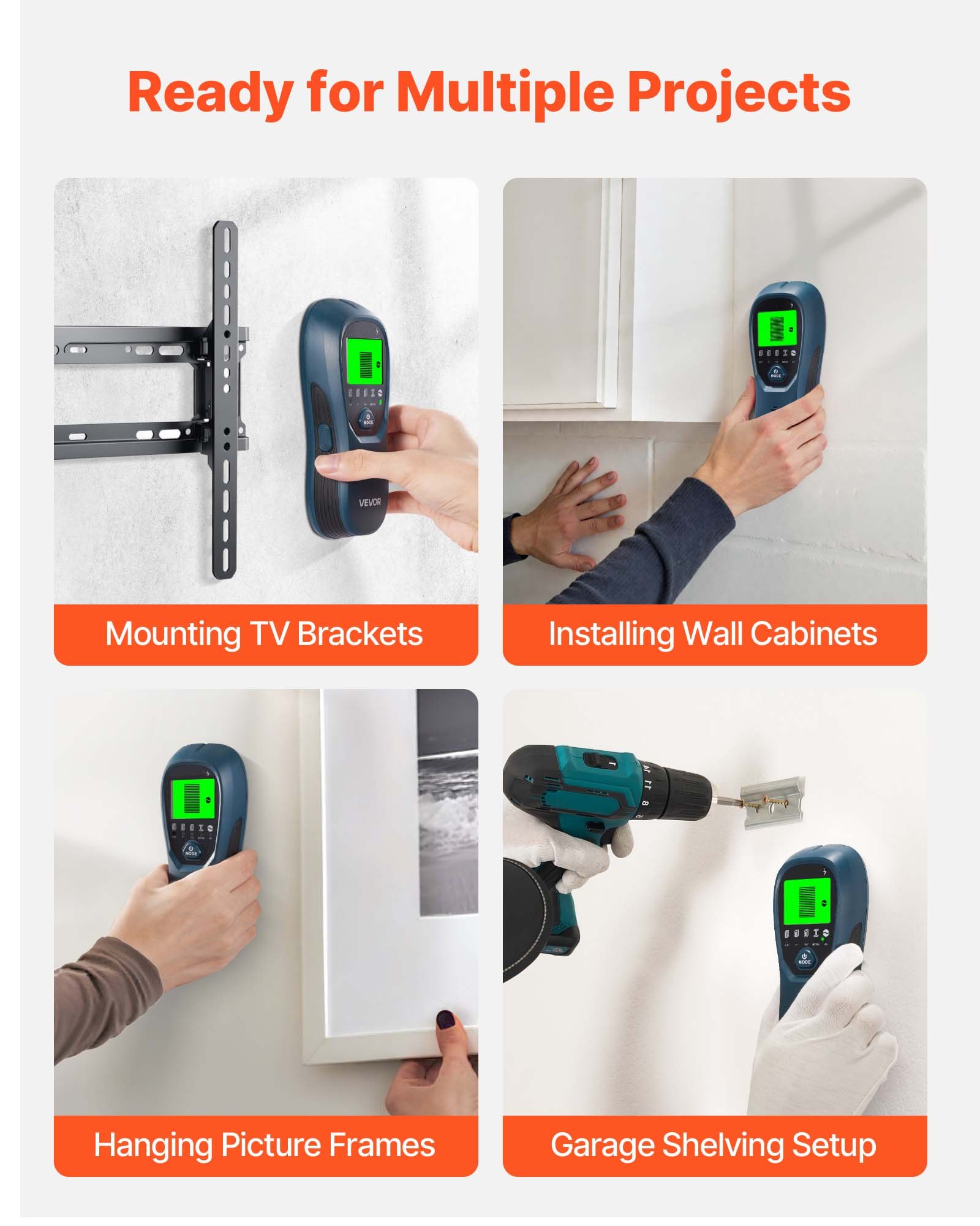 VEVOR Detector de Vigas Electrónico de Pared 5 en 1, con Sensor Inteligente, Pantalla LCD de Alta Definición y Alarma Sonora, Vigas Metálicas y Cables Eléctricos, Color Azul, 170 x 72 x 37 mm