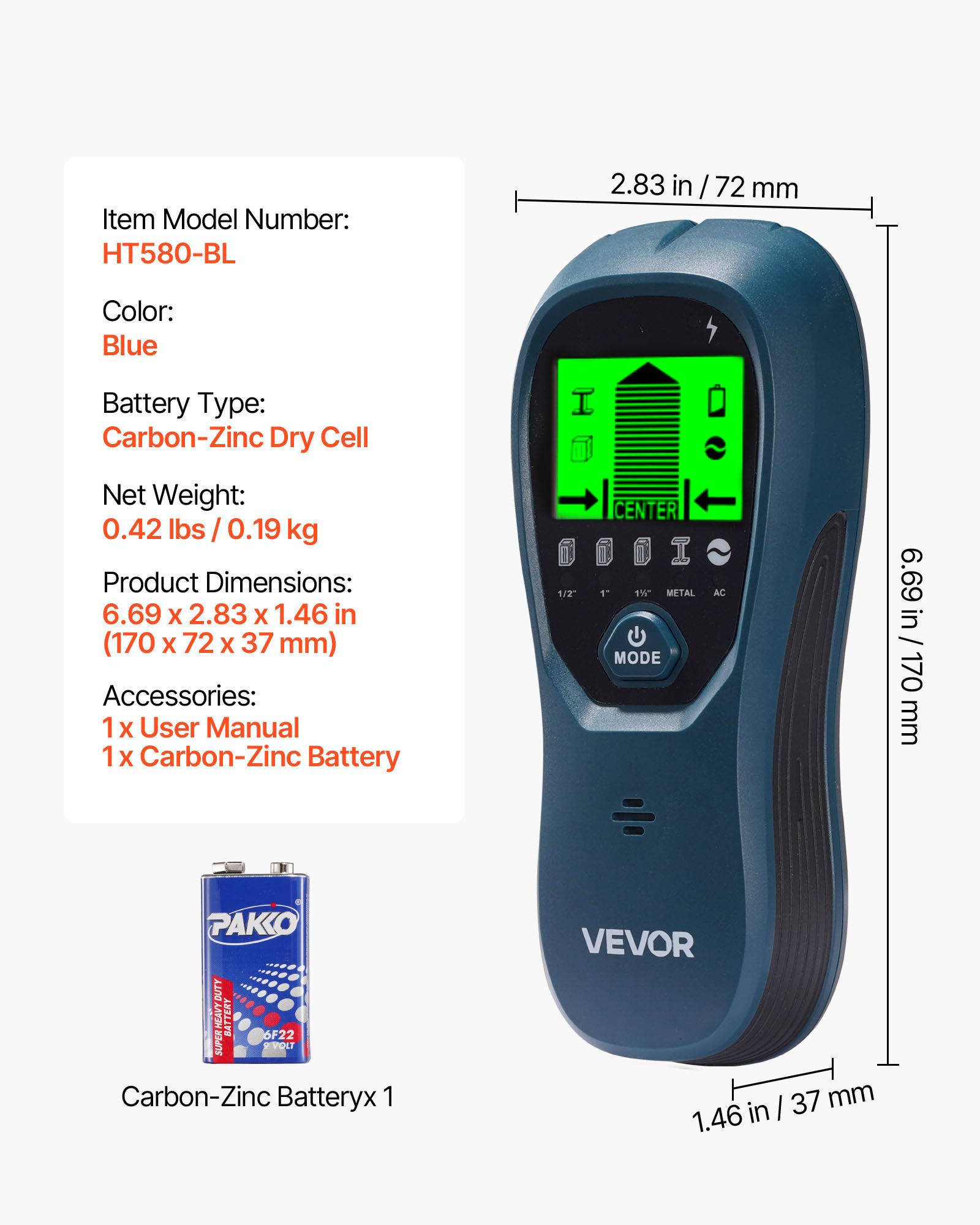 VEVOR Detector de Vigas Electrónico de Pared 5 en 1, con Sensor Inteligente, Pantalla LCD de Alta Definición y Alarma Sonora, Vigas Metálicas y Cables Eléctricos, Color Azul, 170 x 72 x 37 mm