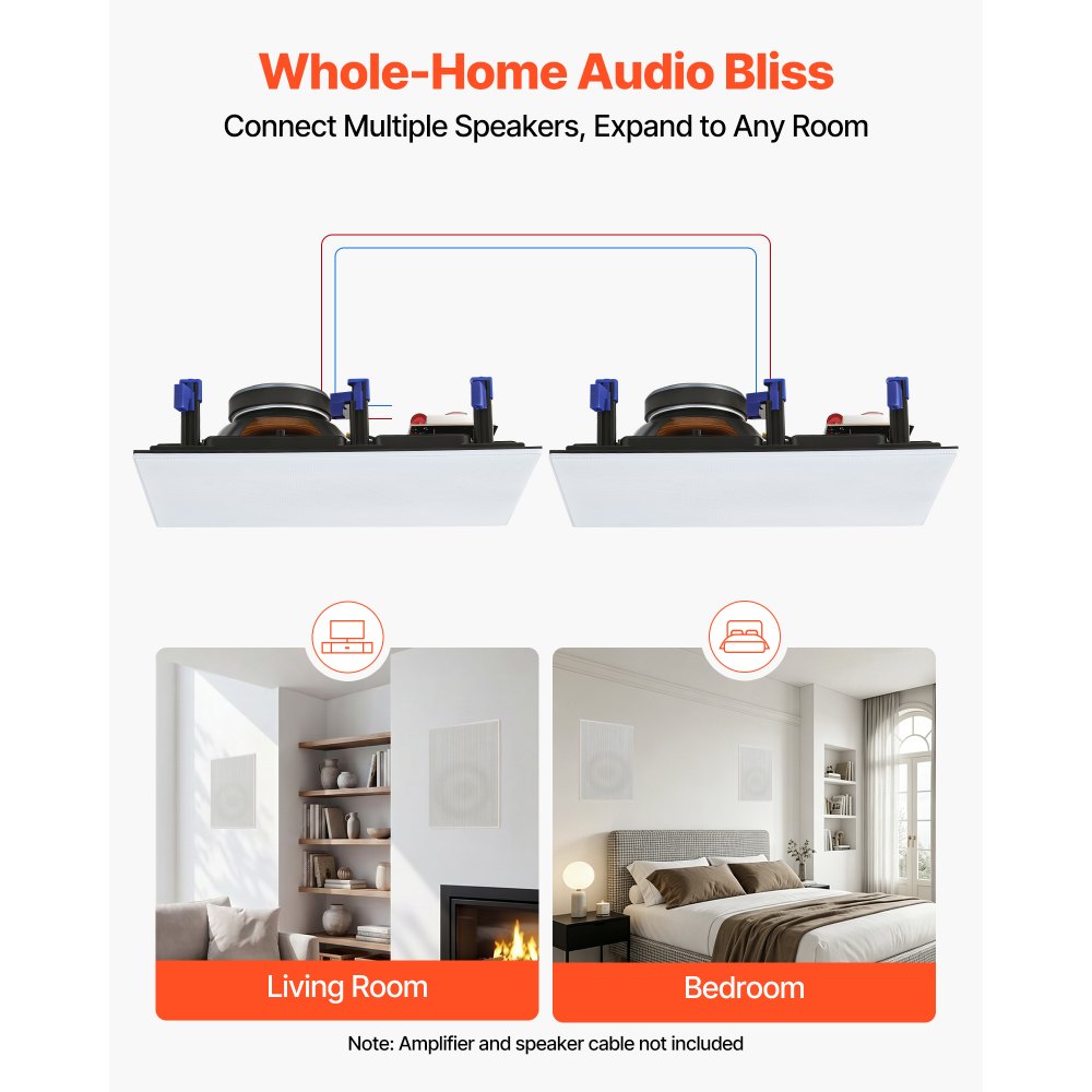 VEVOR Altavoces de Pared 203,2 mm 1 Par, Sistema de Altavoces Empotrables para Pared, con Rejilla Pintable, Sonido Hi-Fi, Potencia Máxima de 200 W, Rectangulares, para Sala de Estar, Cine en Casa