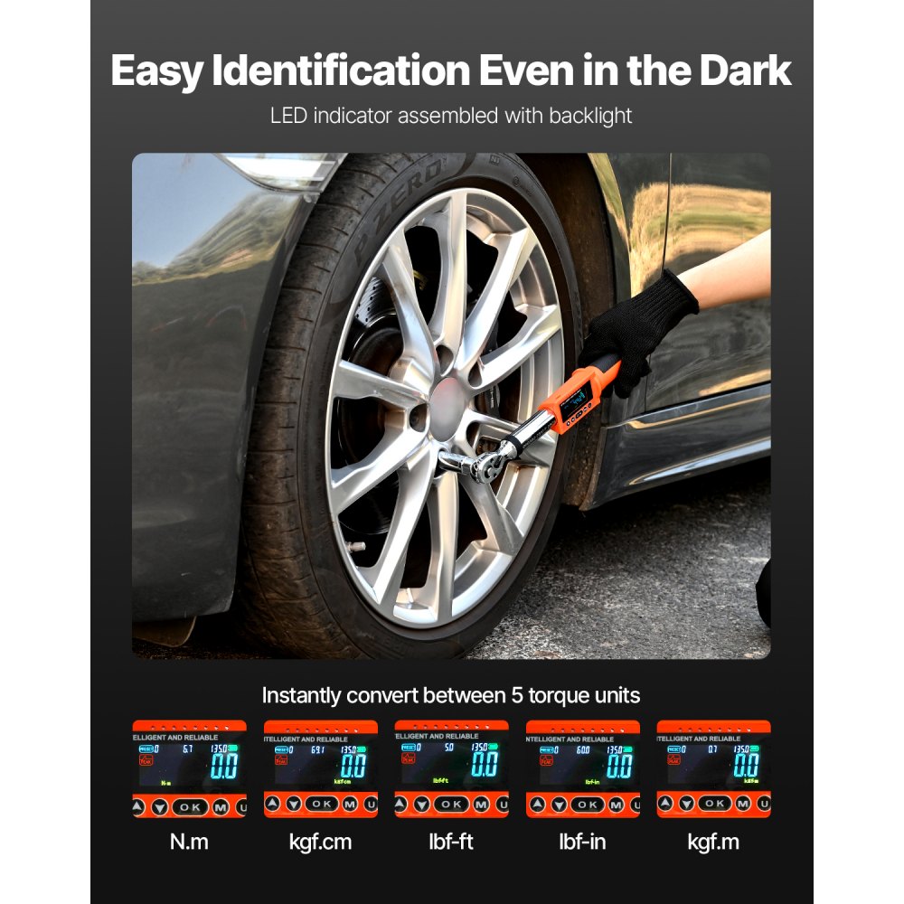 VEVOR Llave Dinamométrica Digital Accionamiento de 3/8" 0-135 Nm 72 Dientes ±2% de Precisión Llave Dinamométrica Electrónica con Valor Preestablecido, Zumbador y Notificación LED para Coches