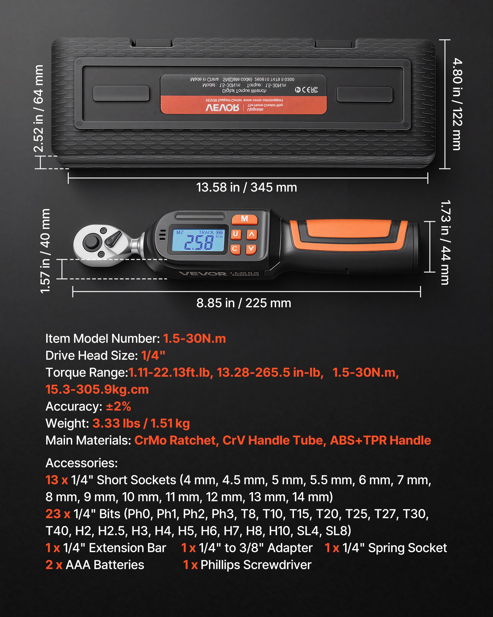 VEVOR Llave Dinamométrica 1/4" con Pantalla LCD Kit de Accesorios 42 Piezas, Precisión ±2%, 4 Unidades de Medida, con Puntas Barra de Extensión Adaptador, Herramienta de Mantenimiento Reparación Autos