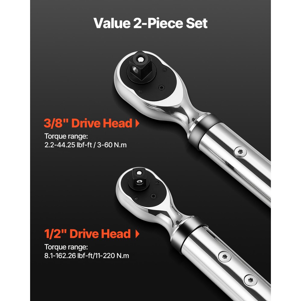 VEVOR 2 PCS Juego de Llaves Dinamométricas Digitales Accionamiento de 1/2" y 3/8" 72 Dientes ±2% de Precisión Llave Dinamométrica Electrónica con Valor Preestablecido, Zumbador y Notificación LED