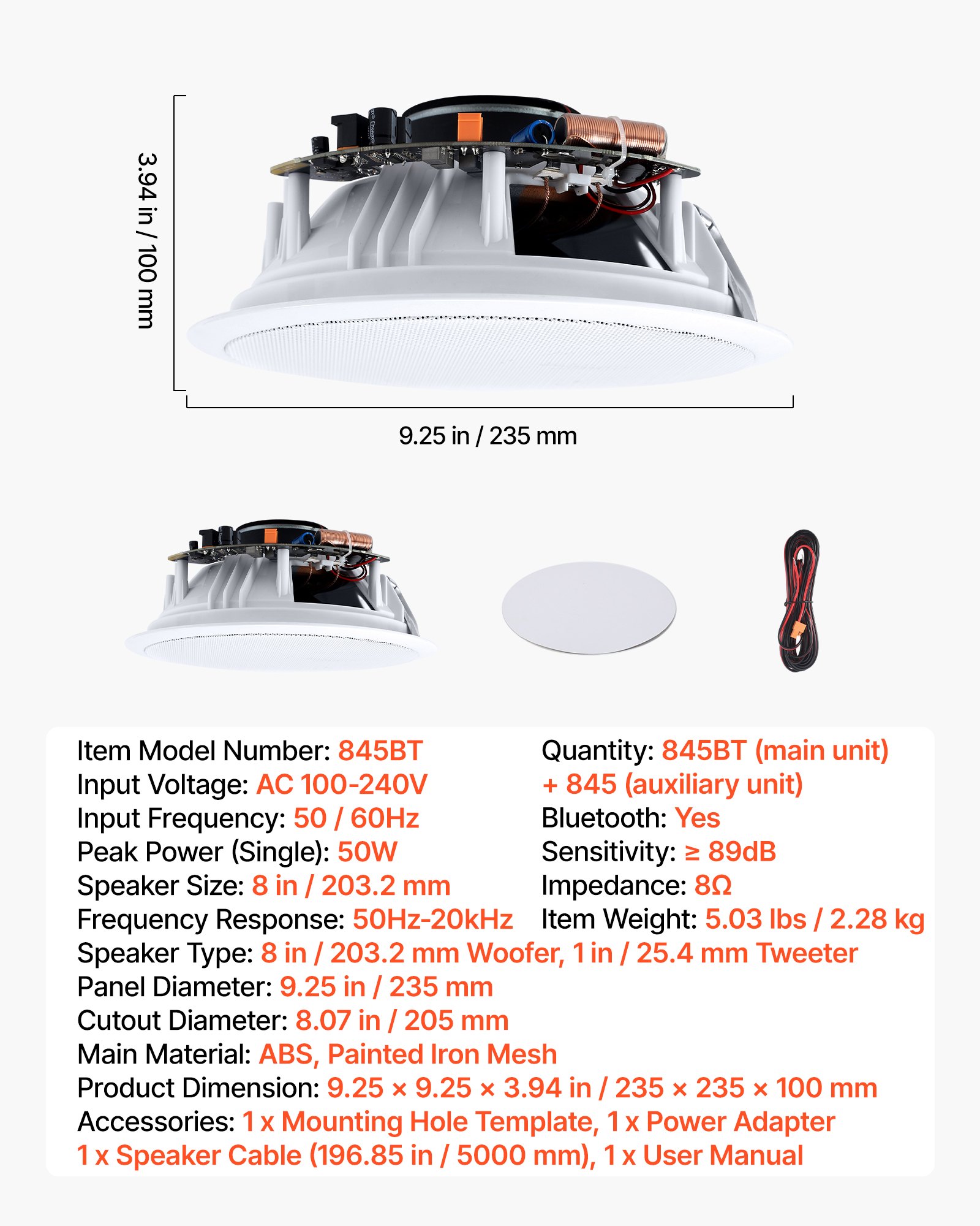 VEVOR Altavoces de Techo 203,2 mm, Sistema de Altavoces para Techo con Amplificador y Bluetooth, Montaje Empotrado con Cable, para Sala de Estar, Cine en Casa, Comedor, Balcón Cubierto, 1 Par