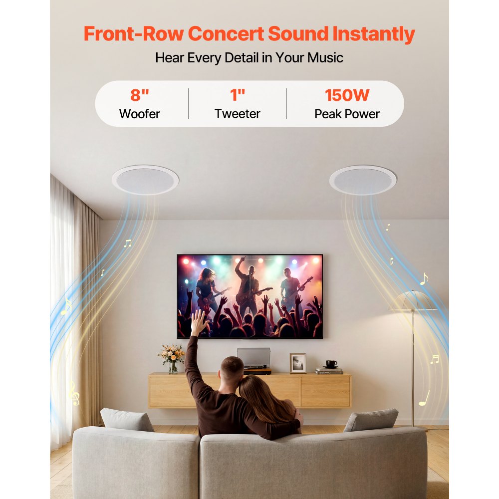 VEVOR Altavoces de Techo 203,2 mm 1 Par, Sistema de Altavoces para Techo, Potencia Máxima de 150 W, Sonido Hi-Fi, Montaje Empotrado, para Sala de Estar, Cine en Casa, Comedor, Balcón Cubierto