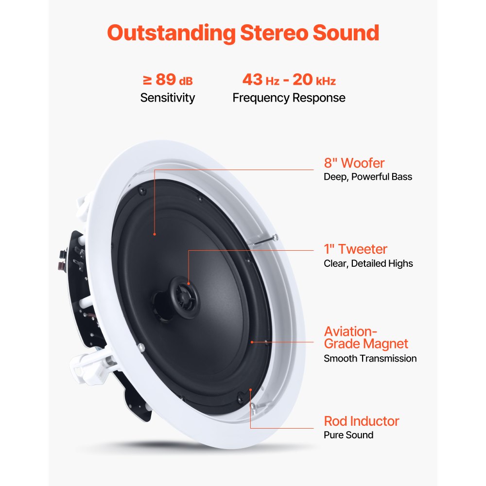 VEVOR Altavoces de Techo 203,2 mm 1 Par, Sistema de Altavoces para Techo, Potencia Máxima de 150 W, Sonido Hi-Fi, Montaje Empotrado, para Sala de Estar, Cine en Casa, Comedor, Balcón Cubierto