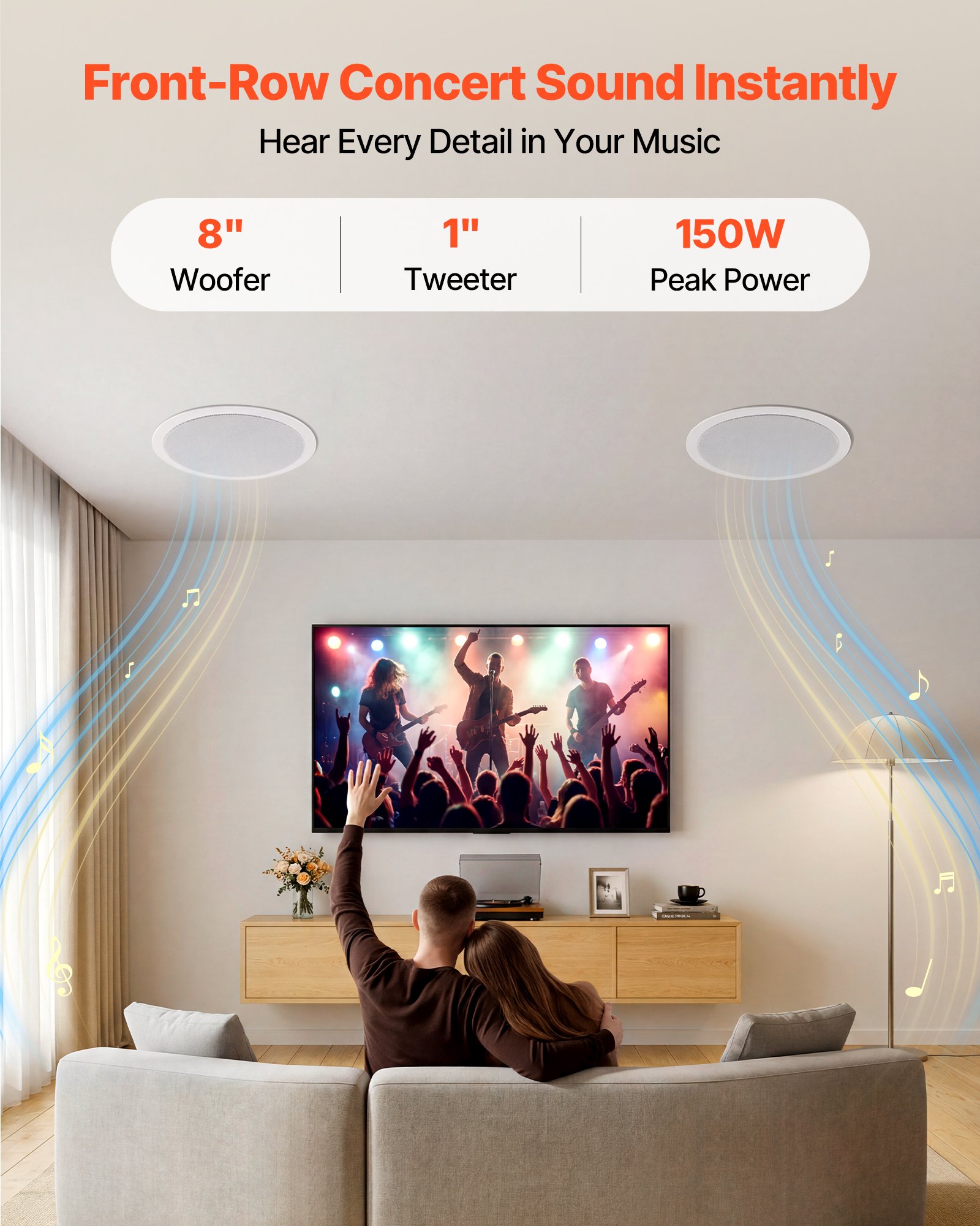 VEVOR Altavoces de Techo 203,2 mm 1 Par, Sistema de Altavoces para Techo, Potencia Máxima de 150 W, Sonido Hi-Fi, Montaje Empotrado, para Sala de Estar, Cine en Casa, Comedor, Balcón Cubierto