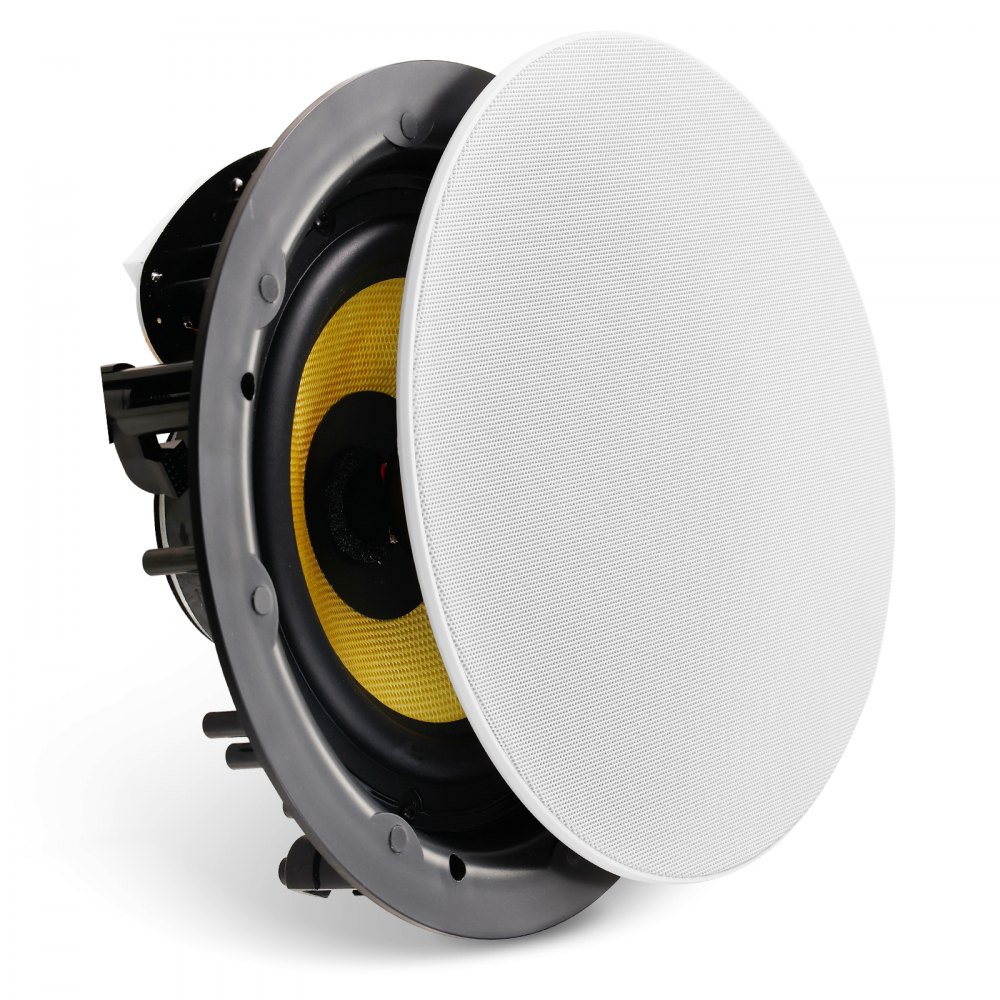 Altavoces de techo VEVOR con cono amarillo y rejilla blanca, con un diseño elegante y redondo.