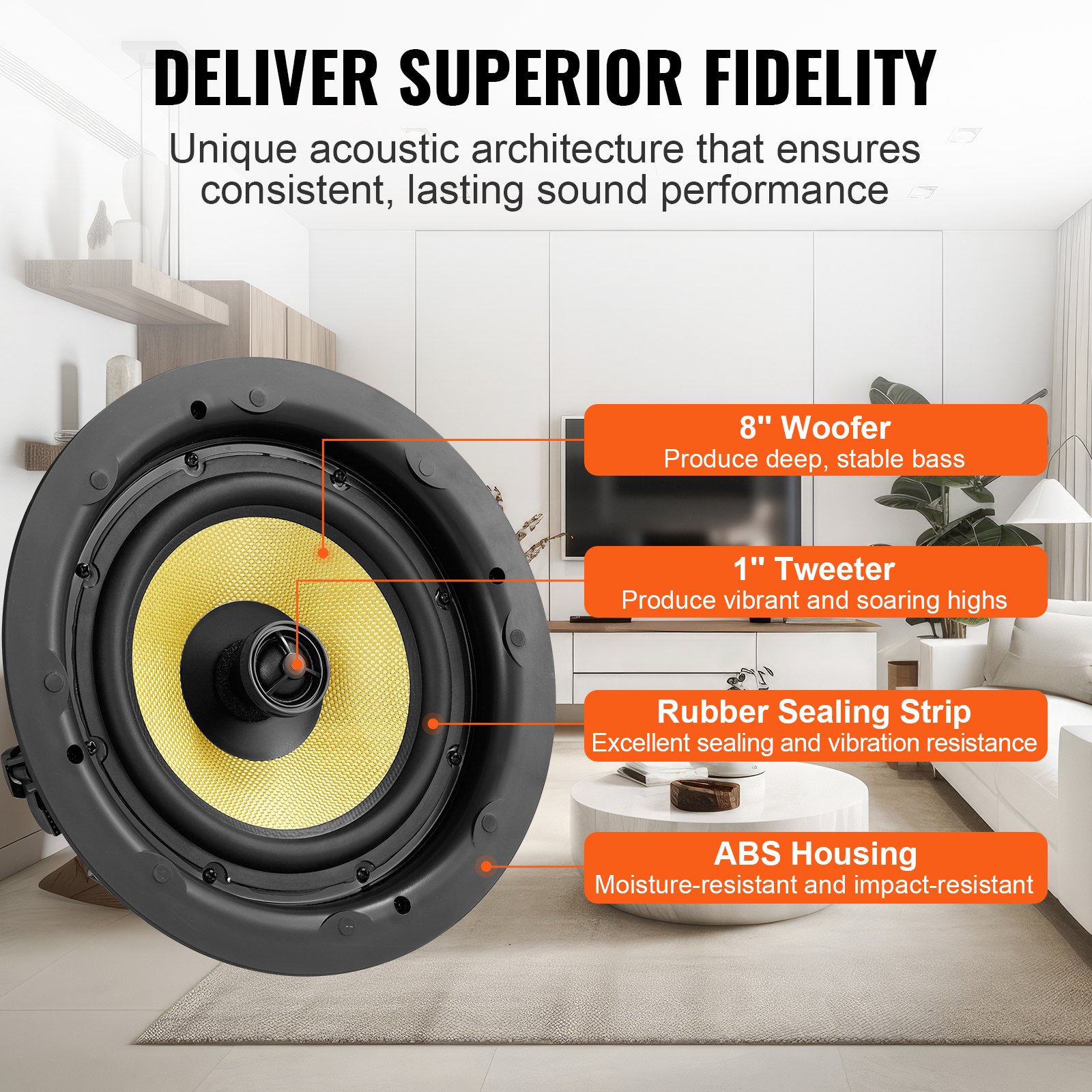 VEVOR 20 cm ceiling speaker, 200 W, ceiling and wall mounting speaker system with 8 Ω impedance, 89 dB sensitivity, for kitchen, living room, bedroom or covered porches