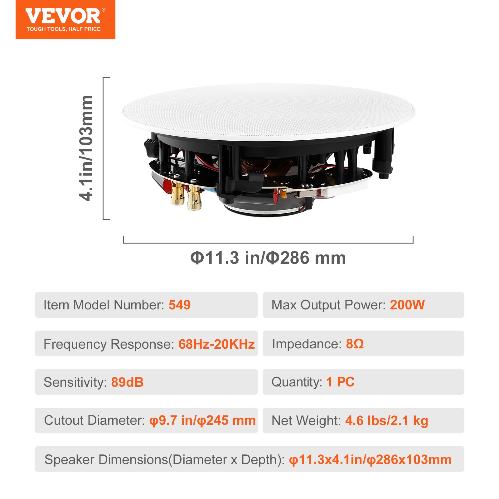 VEVOR 20 cm ceiling speaker, 200 W, ceiling and wall mounting speaker system with 8 Ω impedance, 89 dB sensitivity, for kitchen, living room, bedroom or covered porches