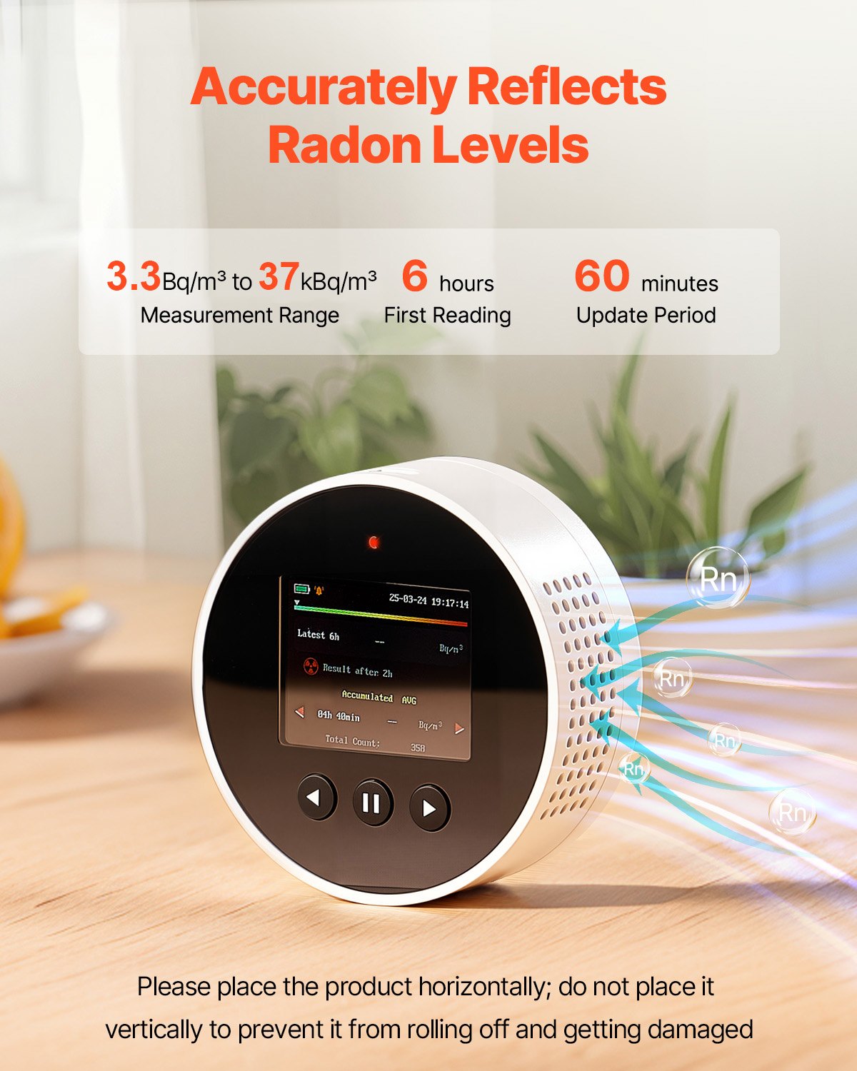 VEVOR Detector de Radón, Rango de Medición de 3,3 Bq a 37 kBq/m³, Monitor Portátil Recargable o Con Cable de Radón y Calidad del Aire, Monitorización de la Concentración de Radón a Largo Plazo