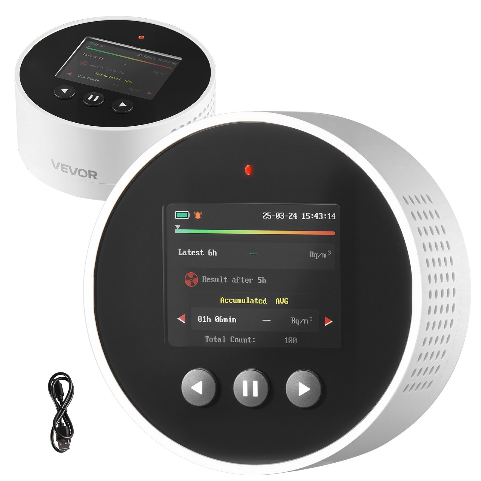 VEVOR Detector de Radón, Rango de Medición de 3,3 Bq a 37 kBq/m³, Monitor Portátil Recargable o Con Cable de Radón y Calidad del Aire, Monitorización de la Concentración de Radón a Largo Plazo