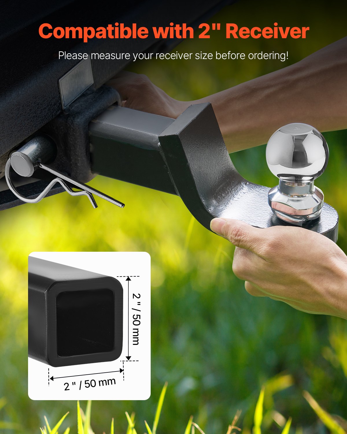 VEVOR towbar, suitable for 50 mm receivers, ball head mount with 50 mm ball & pin, ball coupling with 3400 kg load capacity, 50 mm drop, for heavy-duty trucks with carbon steel, black