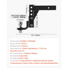 VEVOR Enganche de Remolque Ajustable para Receptor de 50 mm 3400 kg, Negro