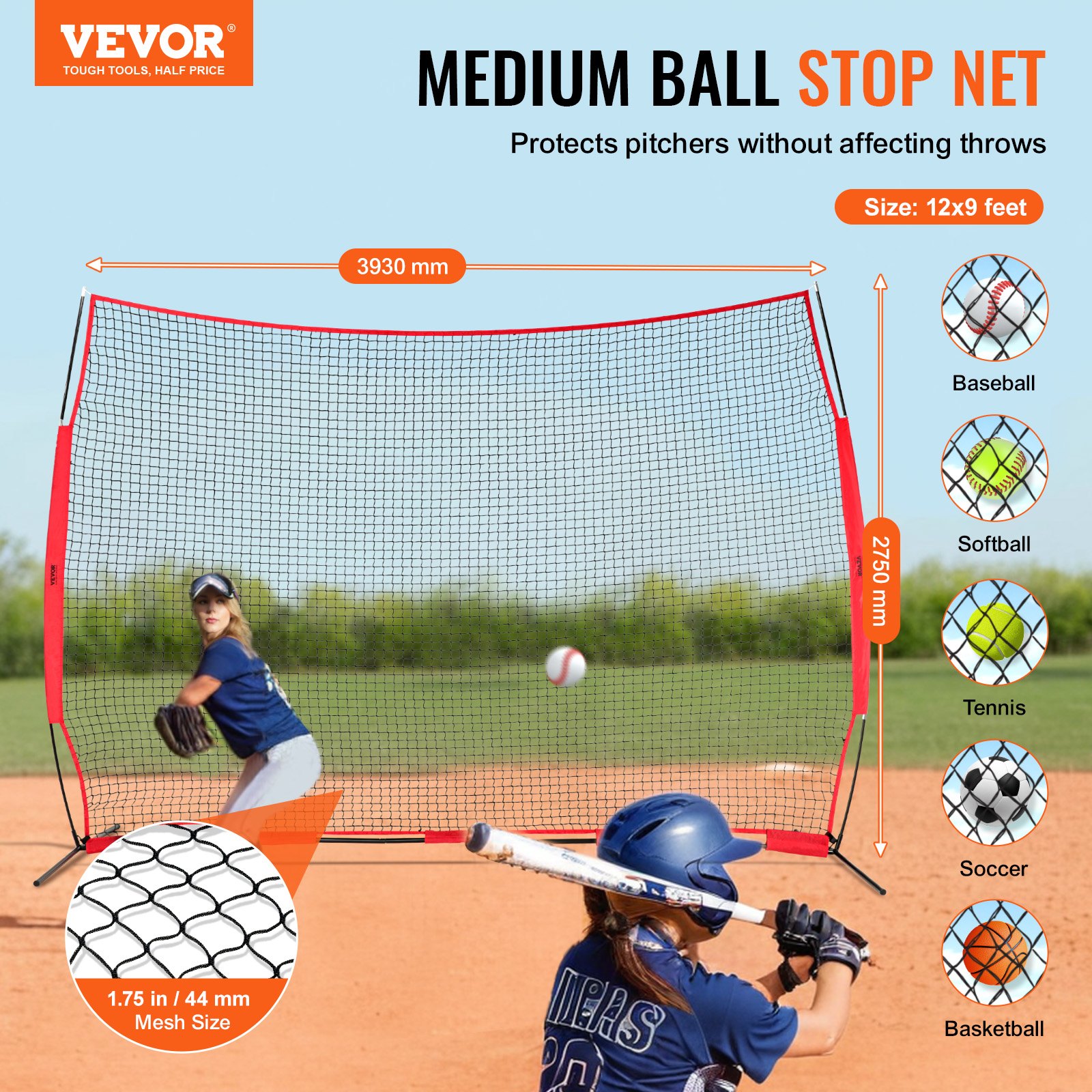 VEVOR Red de Barrera para Barricada, Red de Barrera deportiva de 3930x1400x2750mm Equipo de Práctica Portátil con Bolsa de Transporte,  Red de Protección para Entrenamiento de Béisbol, Softball