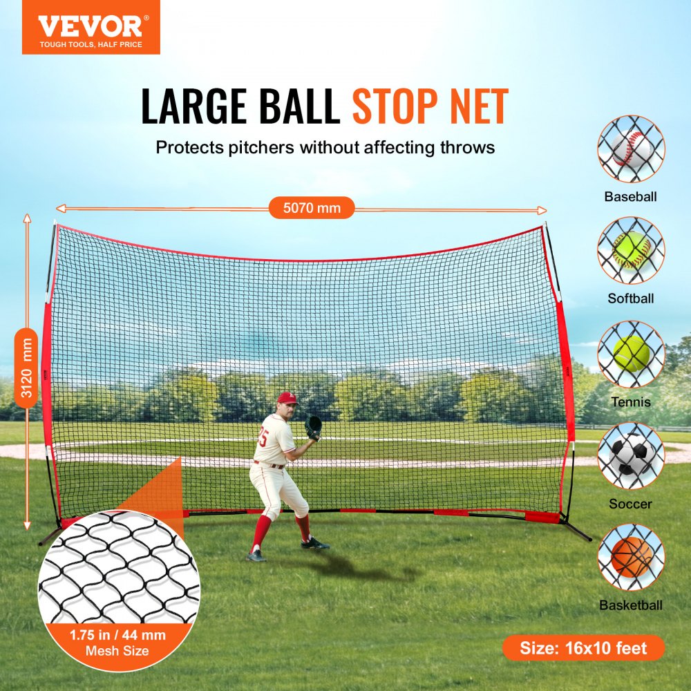 VEVOR Red de Barrera para Barricada, Red de Barrera deportiva de 5070x1400x3120 mm Equipo de Práctica Portátil con Bolsa de Transporte,  Red de Protección para Entrenamiento de Béisbol, Softball