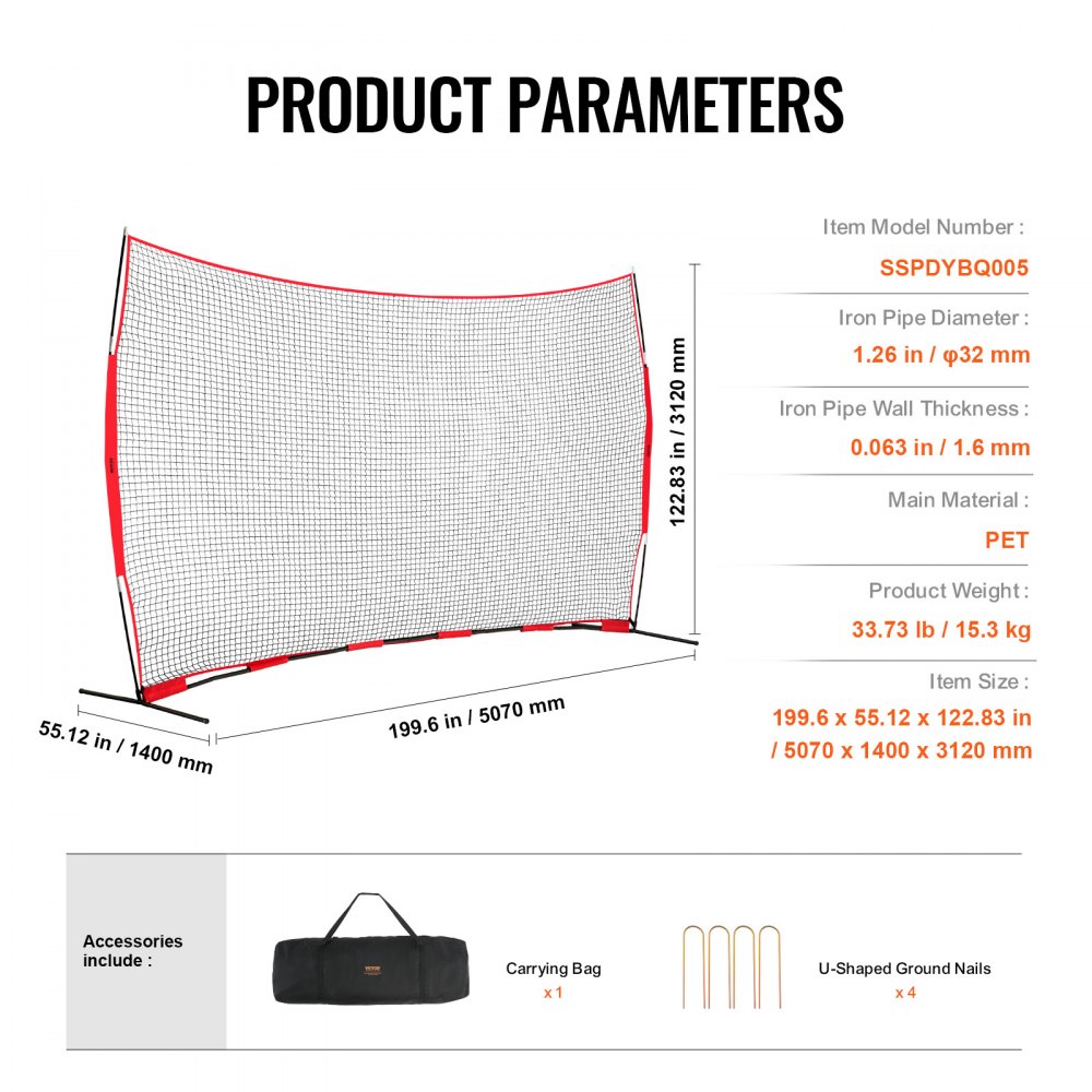 VEVOR Red de Barrera para Barricada, Red de Barrera deportiva de 5070x1400x3120 mm Equipo de Práctica Portátil con Bolsa de Transporte,  Red de Protección para Entrenamiento de Béisbol, Softball