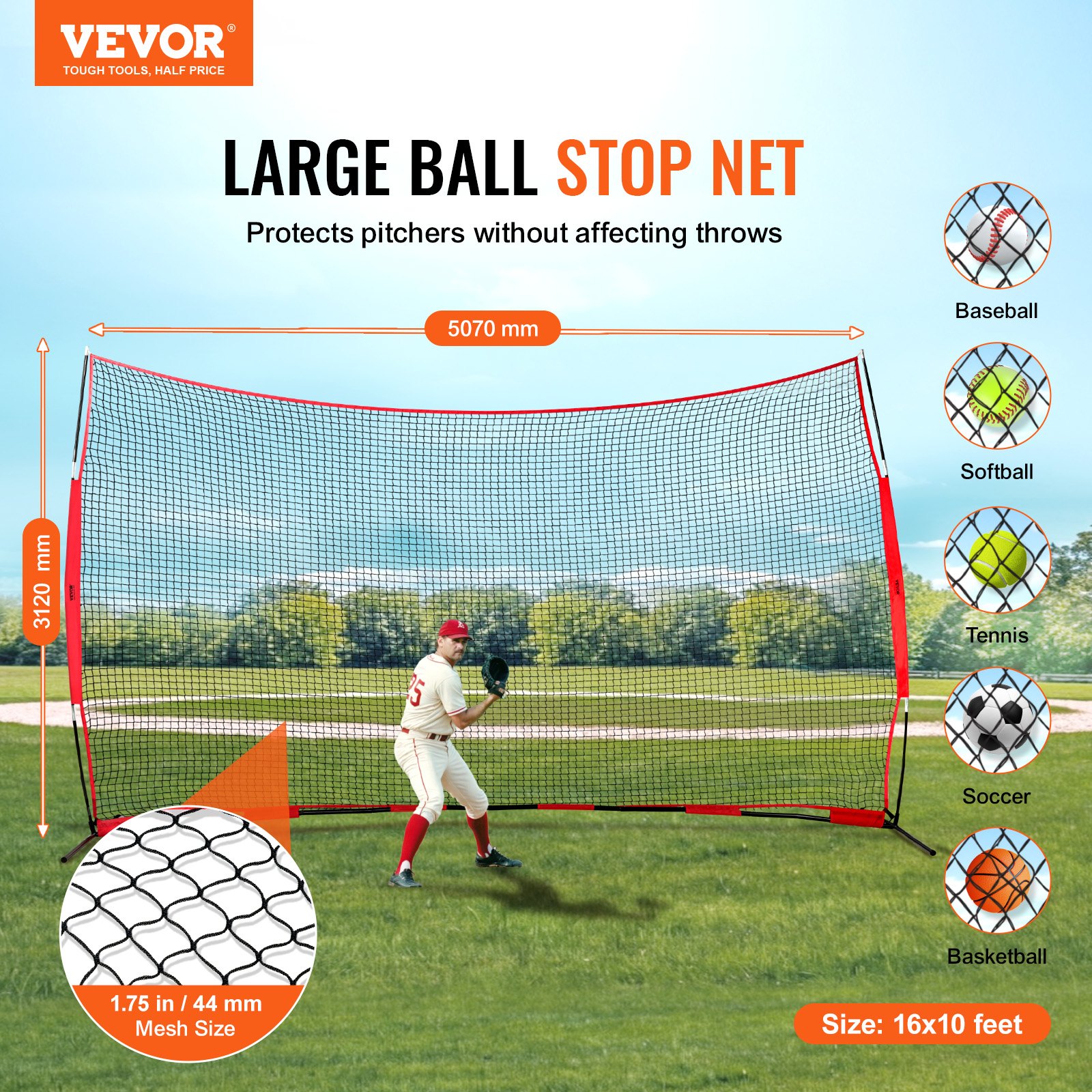 VEVOR Red de Barrera para Barricada, Red de Barrera deportiva de 5070x1400x3120 mm Equipo de Práctica Portátil con Bolsa de Transporte,  Red de Protección para Entrenamiento de Béisbol, Softball