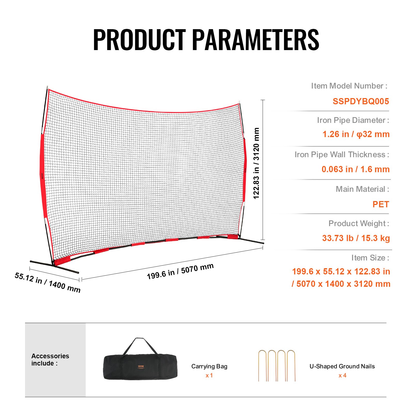 VEVOR Red de Barrera para Barricada, Red de Barrera deportiva de 5070x1400x3120 mm Equipo de Práctica Portátil con Bolsa de Transporte,  Red de Protección para Entrenamiento de Béisbol, Softball