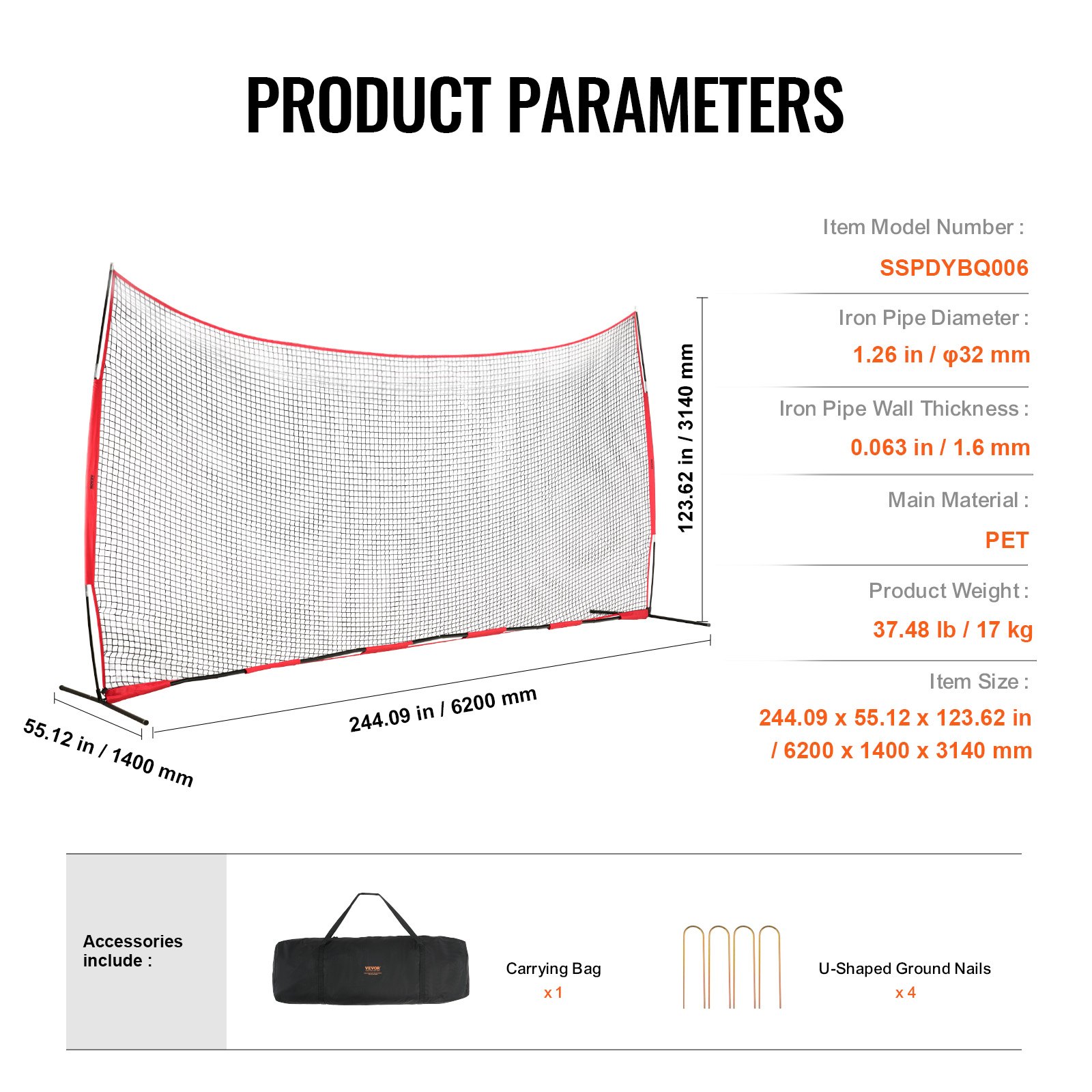 VEVOR Red de Barrera para Barricada, Red de Barrera deportiva de 6200x1400x3140mm Equipo de Práctica Portátil con Bolsa de Transporte,  Red de Protección para Entrenamiento de Béisbol, Softball