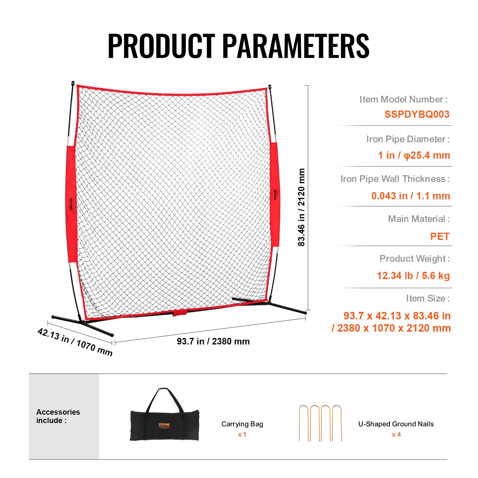 VEVOR Red de Barrera para Barricada, Red de Barrera deportiva de 2380x1070x2120mm Equipo de Práctica Portátil con Bolsa de Transporte,  Red de Protección para Entrenamiento de Béisbol, Softball
