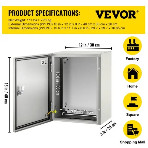 Caja NEMA de Acero al Carbono 30 x 20 x 15 cm Caja de Gabinete Eléctrico NEMA 4X IP66 a Prueba de Agua y Polvo Caja de Conexiones Eléctricas para Interiores