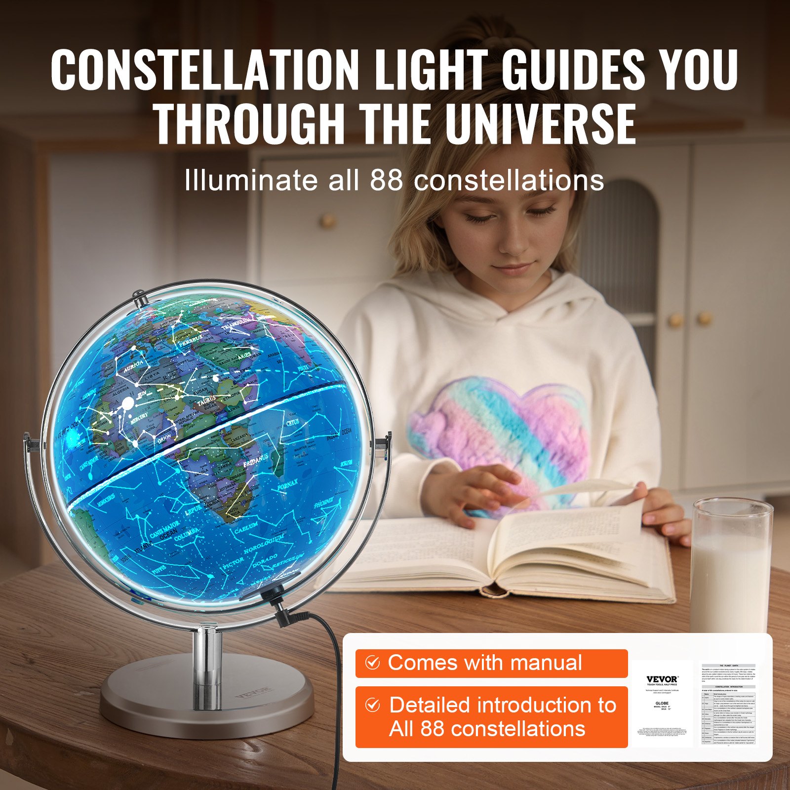 VEVOR Illuminated Globe, 228.6 mm, Educational Earth Globe with Stable Heavy Metal Base and LED Constellation Night Light, HD Printed Map, Rotatable for Children's Classroom Learning