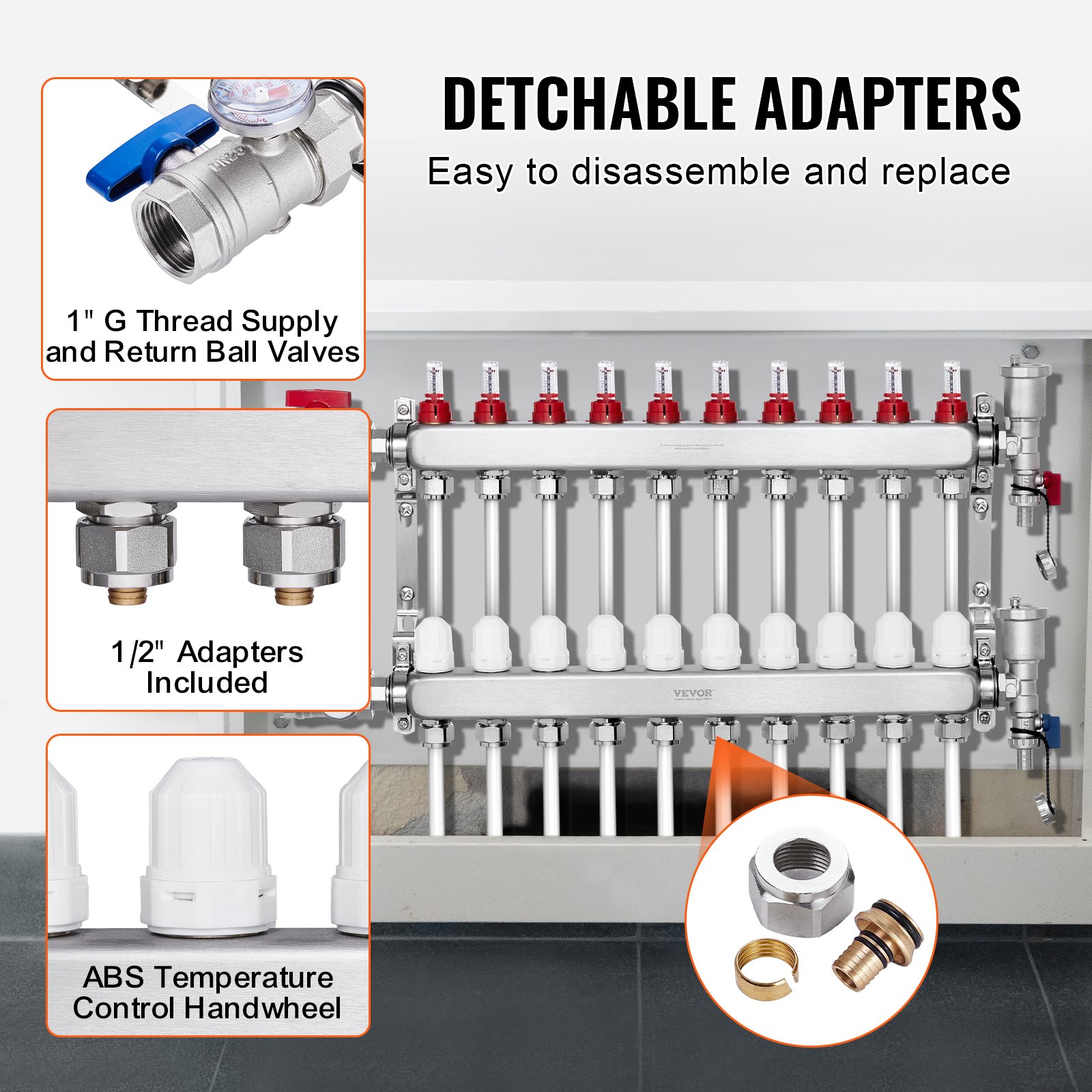 Colector de calor radiante de 10 derivaciones VEVOR, colector de tubería PEX de 1/2", colector PEX de acero inoxidable para calefacción por suelo radiante hidrónico, kit de colector PEX de calor radiante con adaptadores de 1/2" incluidos
