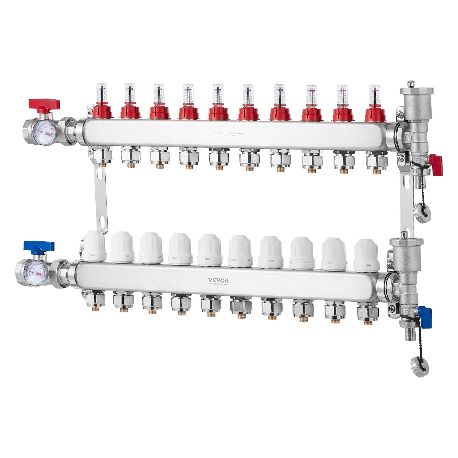 Colector de calor radiante de 10 derivaciones VEVOR, colector de tubería PEX de 1/2", colector PEX de acero inoxidable para calefacción por suelo radiante hidrónico, kit de colector PEX de calor radiante con adaptadores de 1/2" incluidos