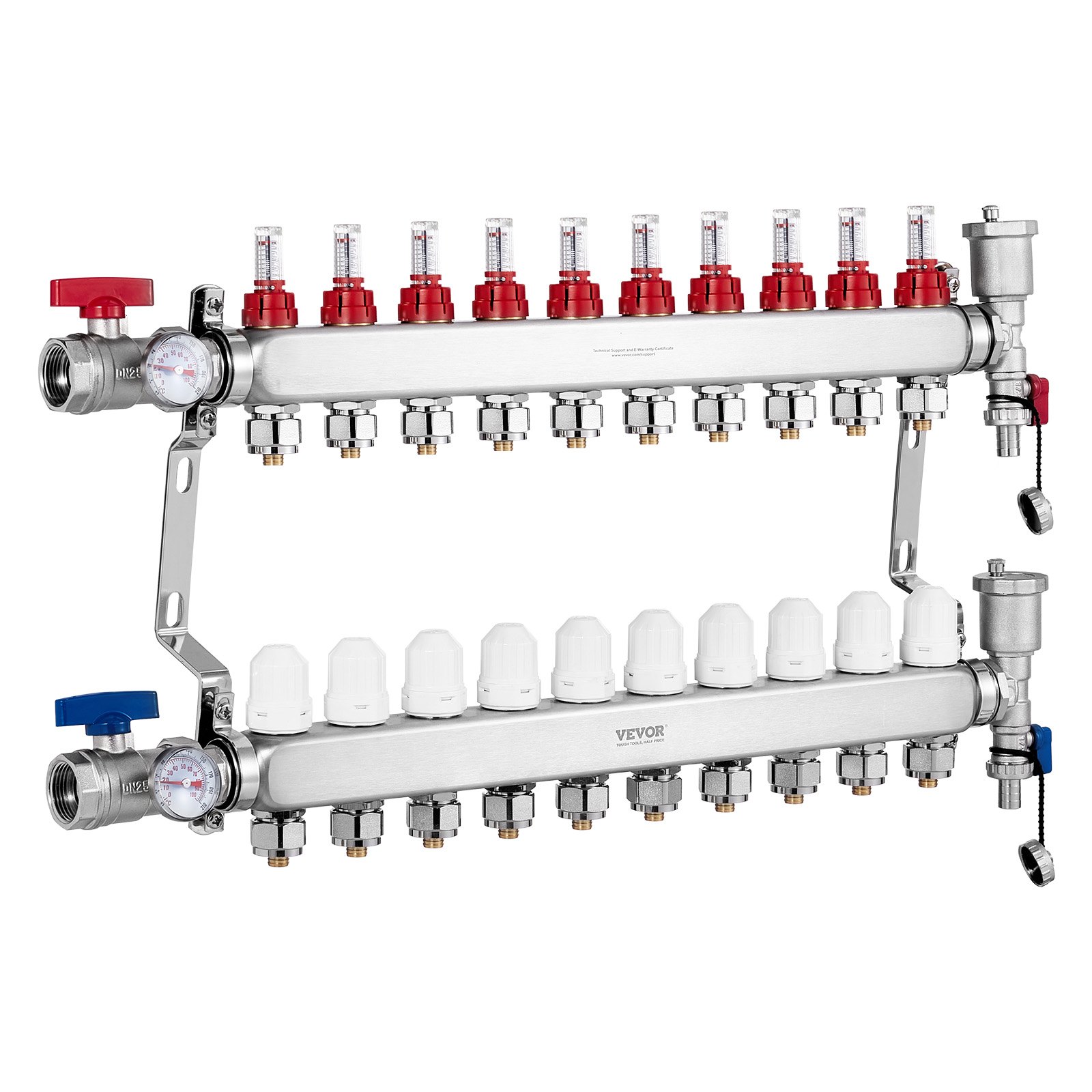 Colector de calor radiante de 10 derivaciones VEVOR, colector de tubería PEX de 1/2", colector PEX de acero inoxidable para calefacción por suelo radiante hidrónico, kit de colector PEX de calor radiante con adaptadores de 1/2" incluidos