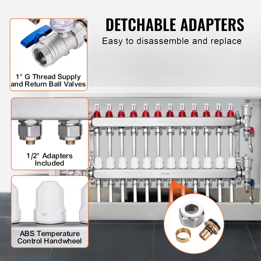 Colector de calor radiante de 12 derivaciones VEVOR, colector de tubería PEX de 1/2", colector PEX de acero inoxidable para calefacción por suelo radiante hidrónico, kit de colector PEX de calor radiante con adaptadores de 1/2" incluidos