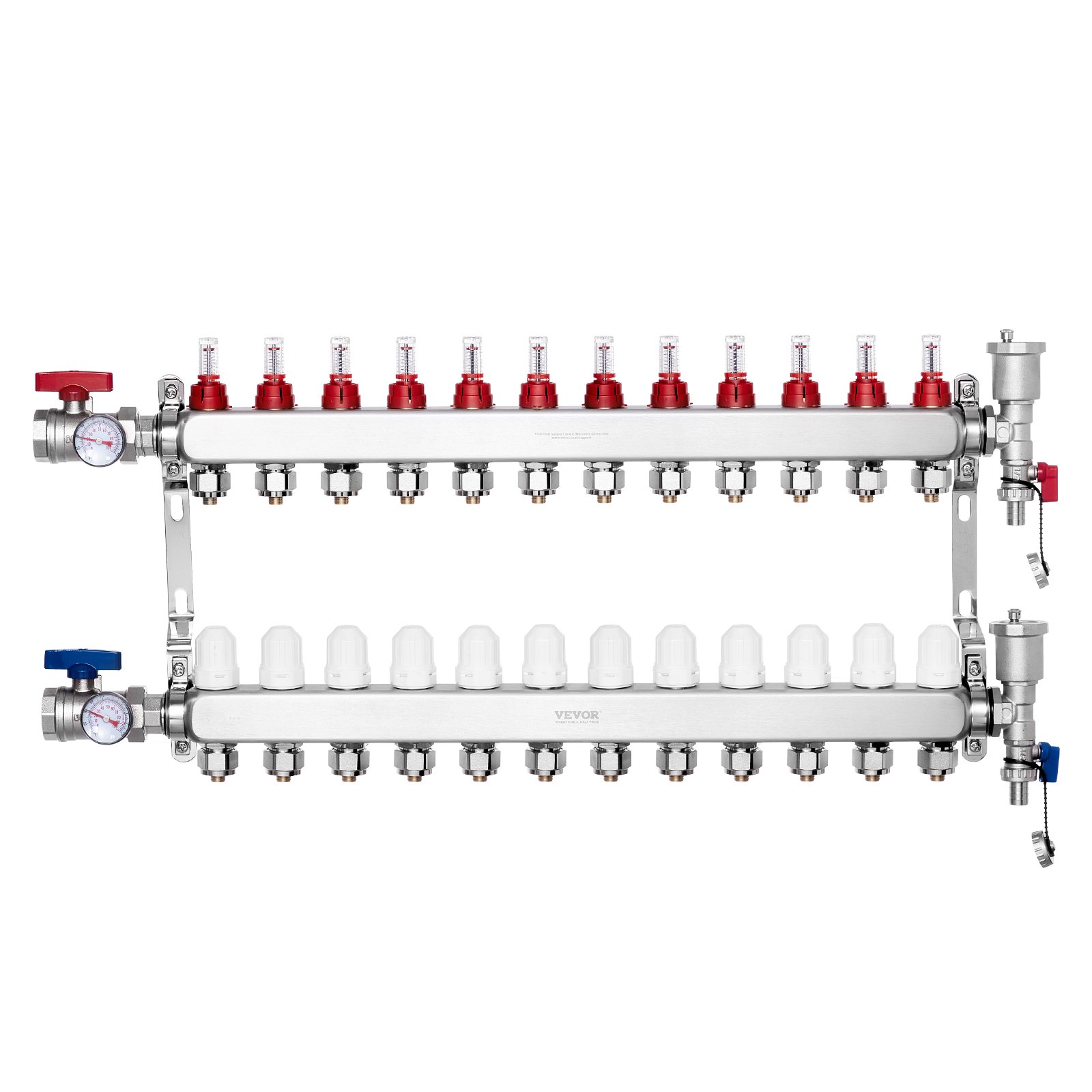 Colector de calor radiante de 12 derivaciones VEVOR, colector de tubería PEX de 1/2", colector PEX de acero inoxidable para calefacción por suelo radiante hidrónico, kit de colector PEX de calor radiante con adaptadores de 1/2" incluidos