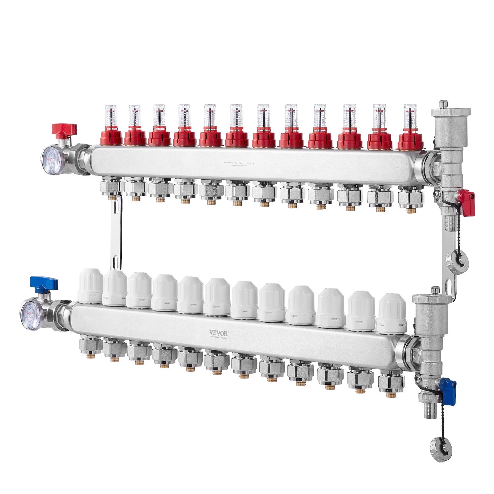 Colector de calor radiante de 12 derivaciones VEVOR, colector de tubería PEX de 1/2", colector PEX de acero inoxidable para calefacción por suelo radiante hidrónico, kit de colector PEX de calor radiante con adaptadores de 1/2" incluidos