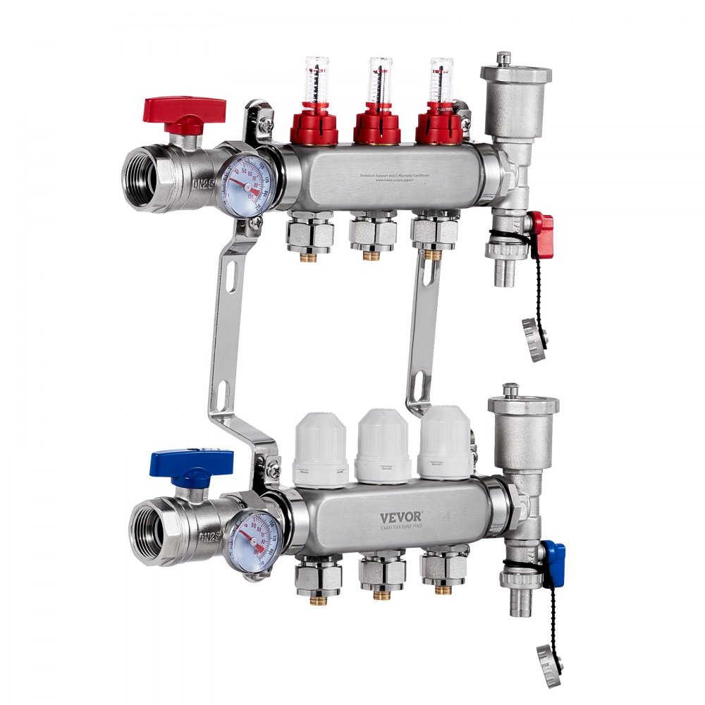 Colector de calor radiante de 3 derivaciones VEVOR, colector de tubería PEX de 1/2", colector PEX de acero inoxidable para calefacción por suelo radiante hidrónico, kit de colector PEX de calor radiante con adaptadores de 1/2" incluidos