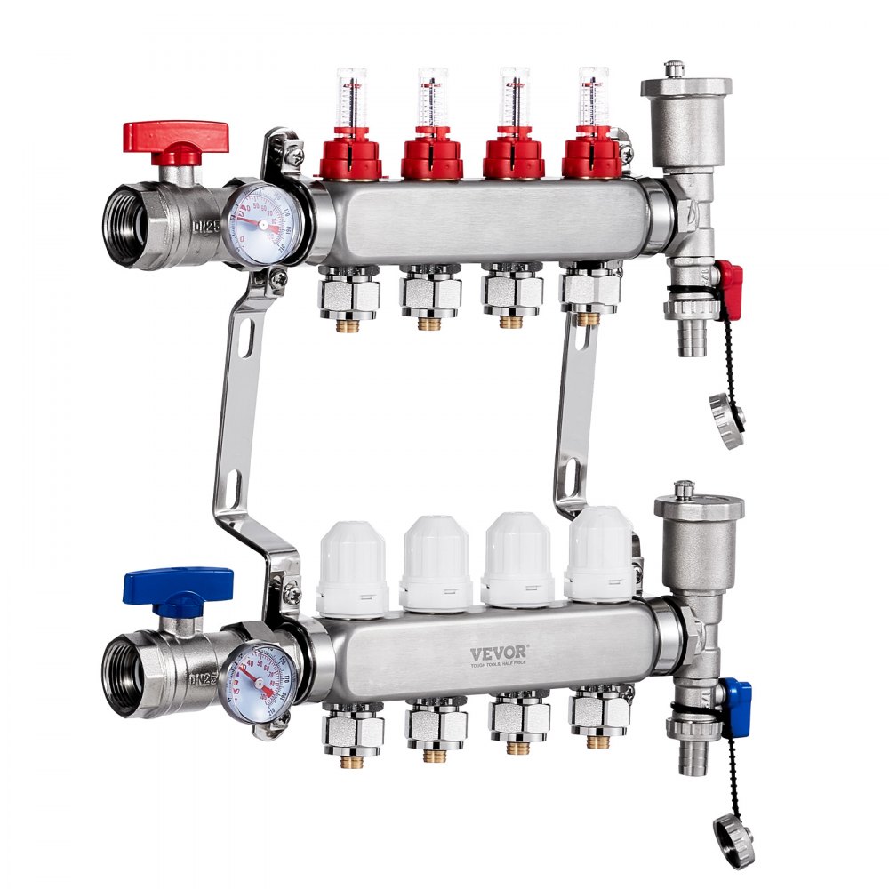 Colector de calor radiante de 4 derivaciones VEVOR, colector de tubería PEX de 1/2", colector PEX de acero inoxidable para calefacción por suelo radiante hidrónico, kit de colector PEX de calor radiante con adaptadores de 1/2" incluidos