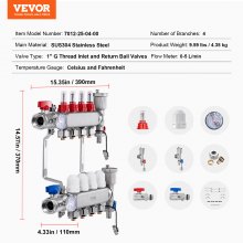 VEVOR Colector de Calefacción por Suelo Radiante 4 Sucursales 390 x 370 x 110 mm