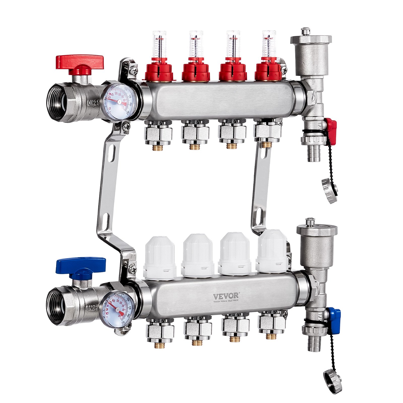 Colector de calor radiante de 4 derivaciones VEVOR, colector de tubería PEX de 1/2", colector PEX de acero inoxidable para calefacción por suelo radiante hidrónico, kit de colector PEX de calor radiante con adaptadores de 1/2" incluidos