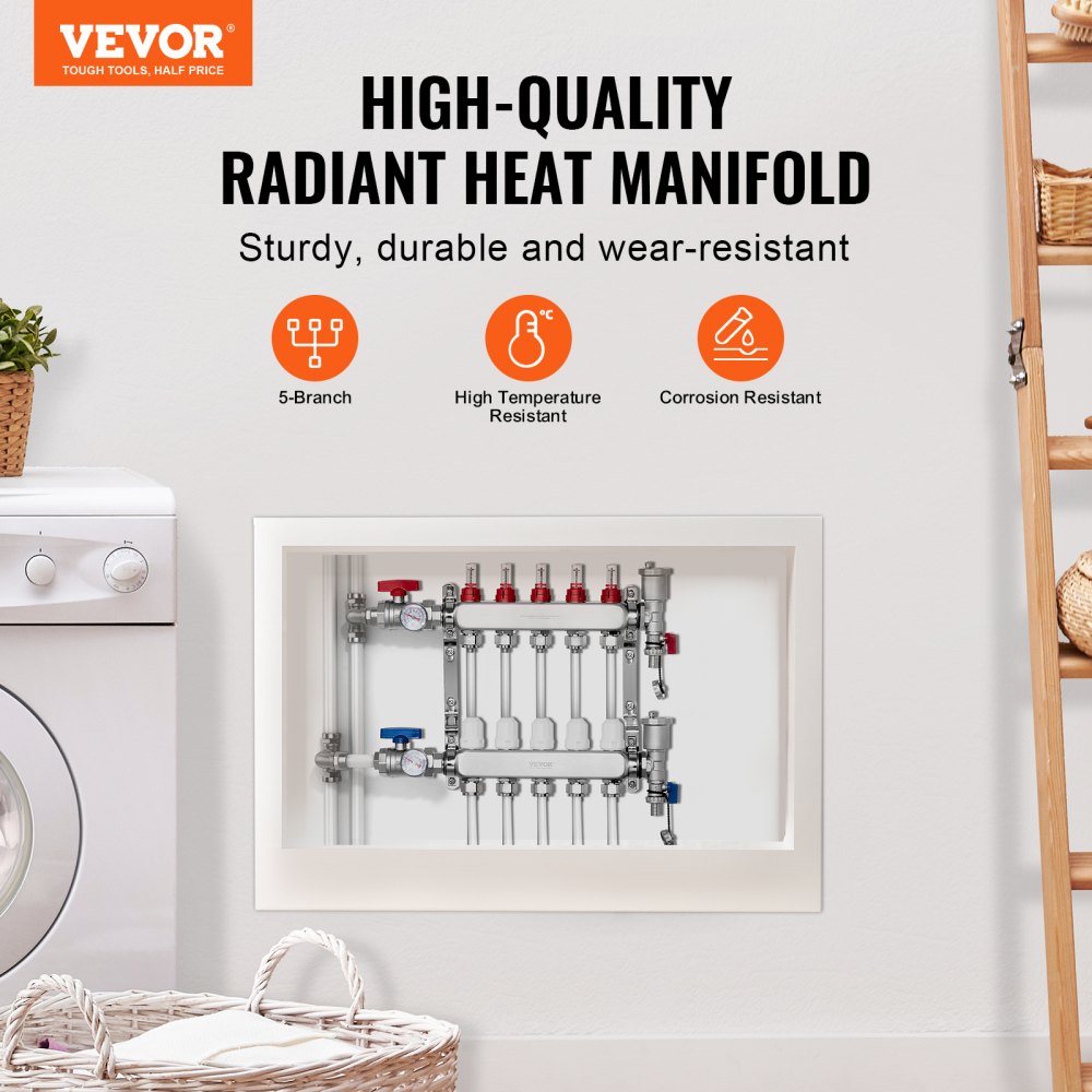 VEVOR 5-branch heat distribution manifold, 1/2-inch PEX pipe manifold, stainless steel PEX manifold for hydronic underfloor heating, heat distribution PEX manifold set with 1/2-inch adapters included