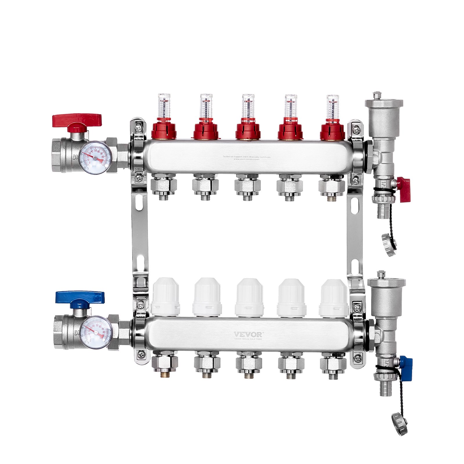 Colector de calor radiante de 5 derivaciones VEVOR, colector de tubería PEX de 1/2", colector PEX de acero inoxidable para calefacción por suelo radiante hidrónico, kit de colector PEX de calor radiante con adaptadores de 1/2" incluidos