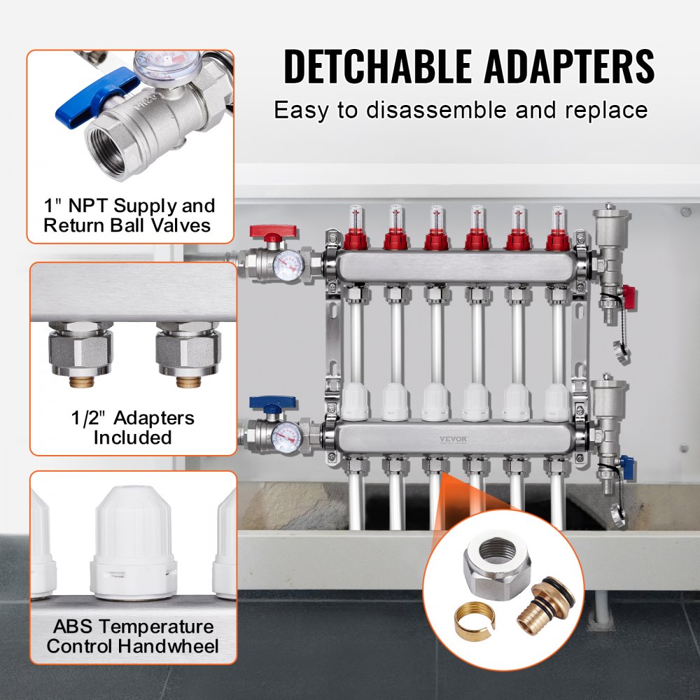 Colector de calor radiante de 6 derivaciones VEVOR, colector de tubería PEX de 1/2", colector PEX de acero inoxidable para calefacción por suelo radiante hidrónico, kit de colector PEX de calor radiante con adaptadores de 1/2" incluidos