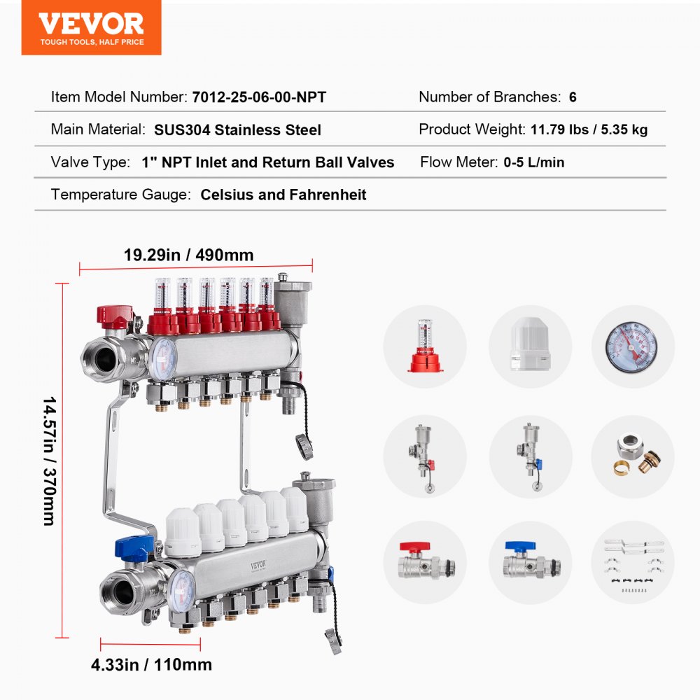 Colector de calor radiante de 6 derivaciones VEVOR, colector de tubería PEX de 1/2", colector PEX de acero inoxidable para calefacción por suelo radiante hidrónico, kit de colector PEX de calor radiante con adaptadores de 1/2" incluidos