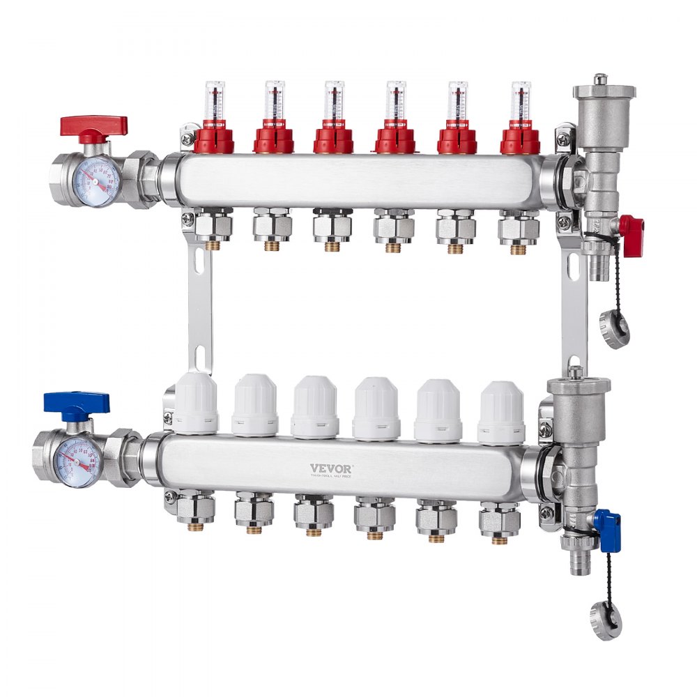 Colector de calor radiante de 6 derivaciones VEVOR, colector de tubería PEX de 1/2", colector PEX de acero inoxidable para calefacción por suelo radiante hidrónico, kit de colector PEX de calor radiante con adaptadores de 1/2" incluidos