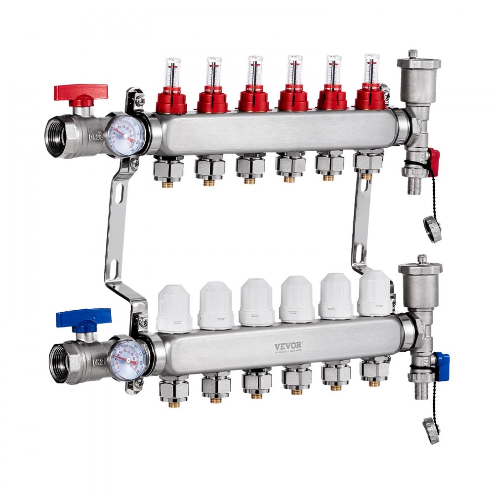 Colector de calor radiante de 6 derivaciones VEVOR, colector de tubería PEX de 1/2", colector PEX de acero inoxidable para calefacción por suelo radiante hidrónico, kit de colector PEX de calor radiante con adaptadores de 1/2" incluidos