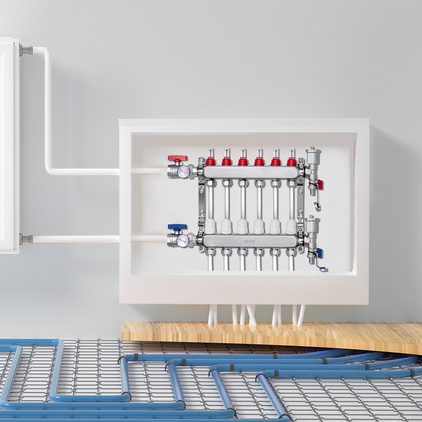 Colector de calor radiante de 6 derivaciones VEVOR, colector de tubería PEX de 1/2", colector PEX de acero inoxidable para calefacción por suelo radiante hidrónico, kit de colector PEX de calor radiante con adaptadores de 1/2" incluidos