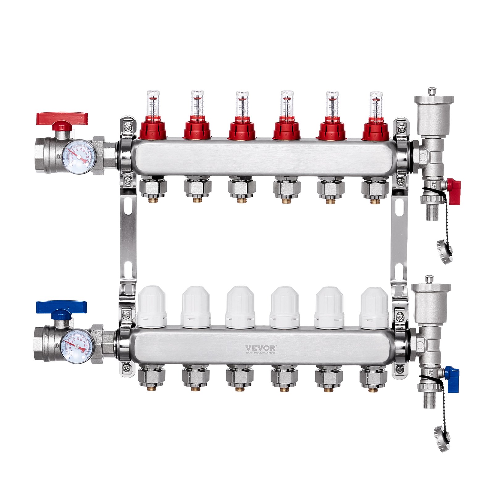 Colector de calor radiante de 6 derivaciones VEVOR, colector de tubería PEX de 1/2", colector PEX de acero inoxidable para calefacción por suelo radiante hidrónico, kit de colector PEX de calor radiante con adaptadores de 1/2" incluidos