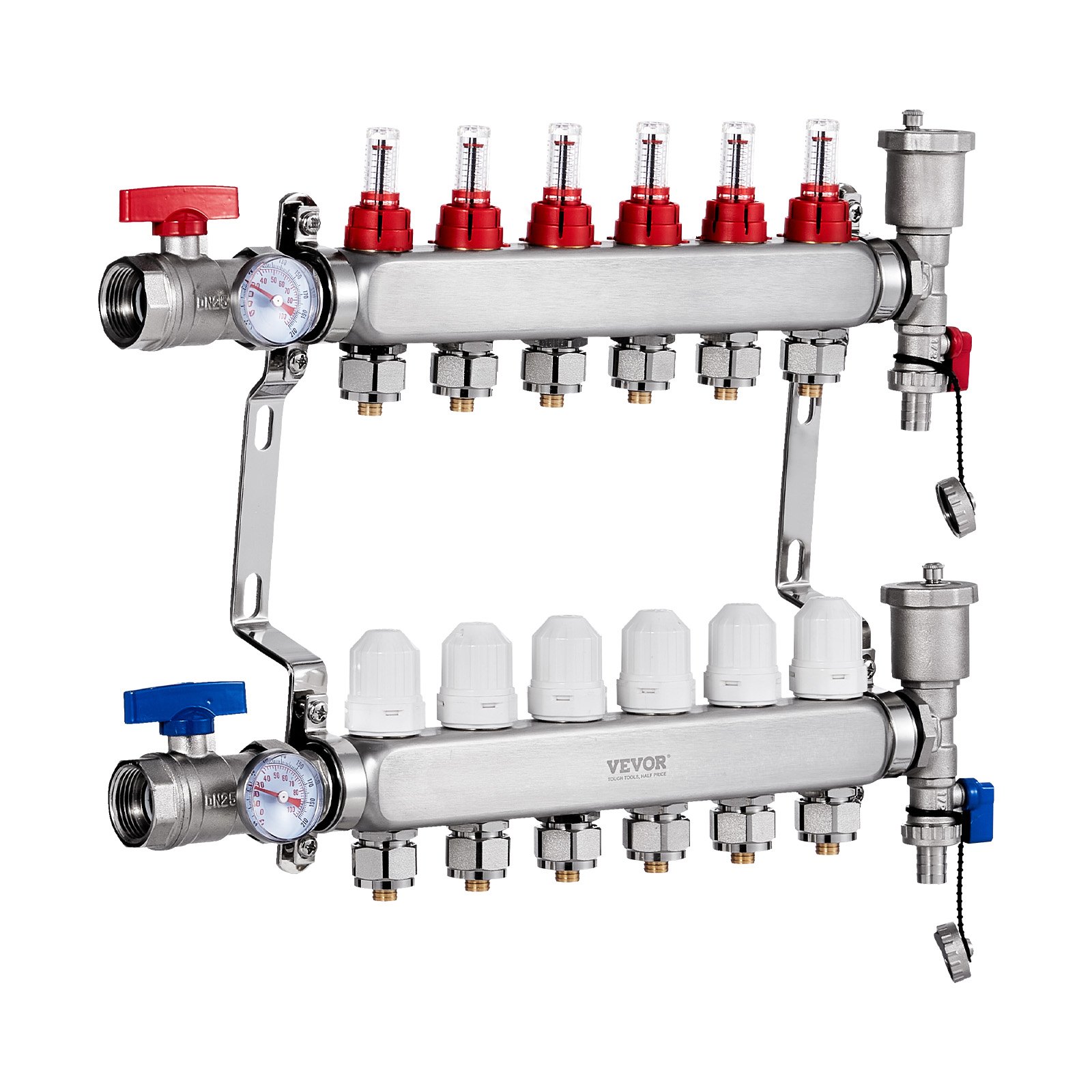 Colector de calor radiante de 6 derivaciones VEVOR, colector de tubería PEX de 1/2", colector PEX de acero inoxidable para calefacción por suelo radiante hidrónico, kit de colector PEX de calor radiante con adaptadores de 1/2" incluidos